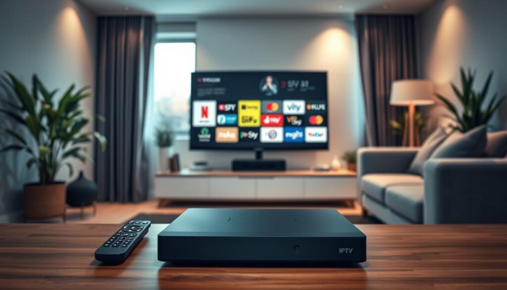 A modern living room setup showcasing an IPTV device. In the foreground, a sleek IPTV box is positioned prominently on a wooden TV stand, with its remote control beside it. The middle ground features a large flat-screen television displaying various streaming service logos. Soft ambient lighting illuminates the room, creating a cozy and inviting atmosphere, while a stylish couch and decorative plants frame the scene. In the background, a window allows natural light to filter in, enhancing the overall ambiance. The entire image conveys a sense of modernity and comfort, perfect for tech-savvy viewers. Include branding for "IPTVVUK.COM" subtly integrated into the scene without text overlays or captions. A modern living room setup showcasing an IPTV device. In the foreground, a sleek IPTV box is positioned prominently on a wooden TV stand, with its remote control beside it. The middle ground features a large flat-screen television displaying various streaming service logos. Soft ambient lighting illuminates the room, creating a cozy and inviting atmosphere, while a stylish couch and decorative plants frame the scene. In the background, a window allows natural light to filter in, enhancing the overall ambiance. The entire image conveys a sense of modernity and comfort, perfect for tech-savvy viewers. Include branding for "IPTVVUK.COM" subtly integrated into the scene without text overlays or captions.