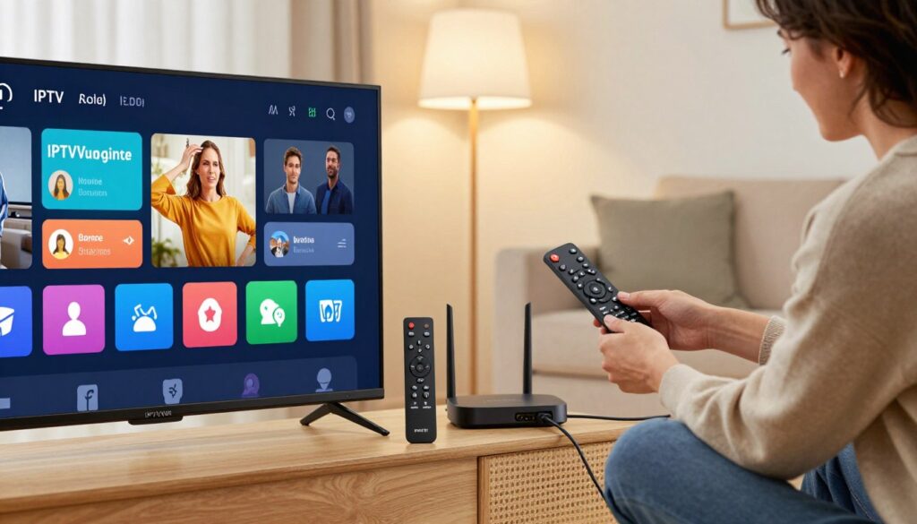 A modern living room setup showcasing an IPTV installation guide. In the foreground, a sleek TV displaying an IPTV interface with vibrant, user-friendly icons. There should be a stylish remote control beside it, featuring prominent buttons labeled for easy navigation. In the middle ground, a person dressed in smart casual attire attentively connecting cables and configuring settings, surrounded by a few electronic devices such as a streaming box and a router. The background is a cozy home environment with a soft glow from a floor lamp, adding a warm, inviting atmosphere. The overall mood is informative and practical, emphasizing a straightforward setup process for IPTV subscribers. Include the brand "IPTVVUK.COM" subtly featured in the design elements. Use bright, balanced lighting to enhance clarity and focus on the details. A modern living room setup showcasing an IPTV installation guide. In the foreground, a sleek TV displaying an IPTV interface with vibrant, user-friendly icons. There should be a stylish remote control beside it, featuring prominent buttons labeled for easy navigation. In the middle ground, a person dressed in smart casual attire attentively connecting cables and configuring settings, surrounded by a few electronic devices such as a streaming box and a router. The background is a cozy home environment with a soft glow from a floor lamp, adding a warm, inviting atmosphere. The overall mood is informative and practical, emphasizing a straightforward setup process for IPTV subscribers. Include the brand "IPTVVUK.COM" subtly featured in the design elements. Use bright, balanced lighting to enhance clarity and focus on the details.