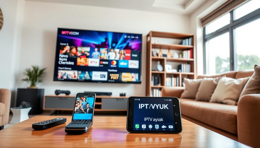 A modern living room showcasing a sleek TV with vibrant IPTV channels displayed on-screen, including news, sports, and entertainment playlists. The foreground features a stylish coffee table adorned with remote controls and a smartphone displaying the website "IPTVVUK.COM". In the middle, a cozy sofa with plush cushions invites viewers to sit and enjoy the content, while a tasteful bookshelf filled with entertainment-themed decor adds character. The background includes a large window with sunlight streaming in, creating a warm and inviting atmosphere. The lighting is bright yet soft, emphasizing the colorfulness of the IPTV channels. The angle captures a slightly elevated view, enhancing the sense of comfort and modernity in the space. A modern living room showcasing a sleek TV with vibrant IPTV channels displayed on-screen, including news, sports, and entertainment playlists. The foreground features a stylish coffee table adorned with remote controls and a smartphone displaying the website "IPTVVUK.COM". In the middle, a cozy sofa with plush cushions invites viewers to sit and enjoy the content, while a tasteful bookshelf filled with entertainment-themed decor adds character. The background includes a large window with sunlight streaming in, creating a warm and inviting atmosphere. The lighting is bright yet soft, emphasizing the colorfulness of the IPTV channels. The angle captures a slightly elevated view, enhancing the sense of comfort and modernity in the space.