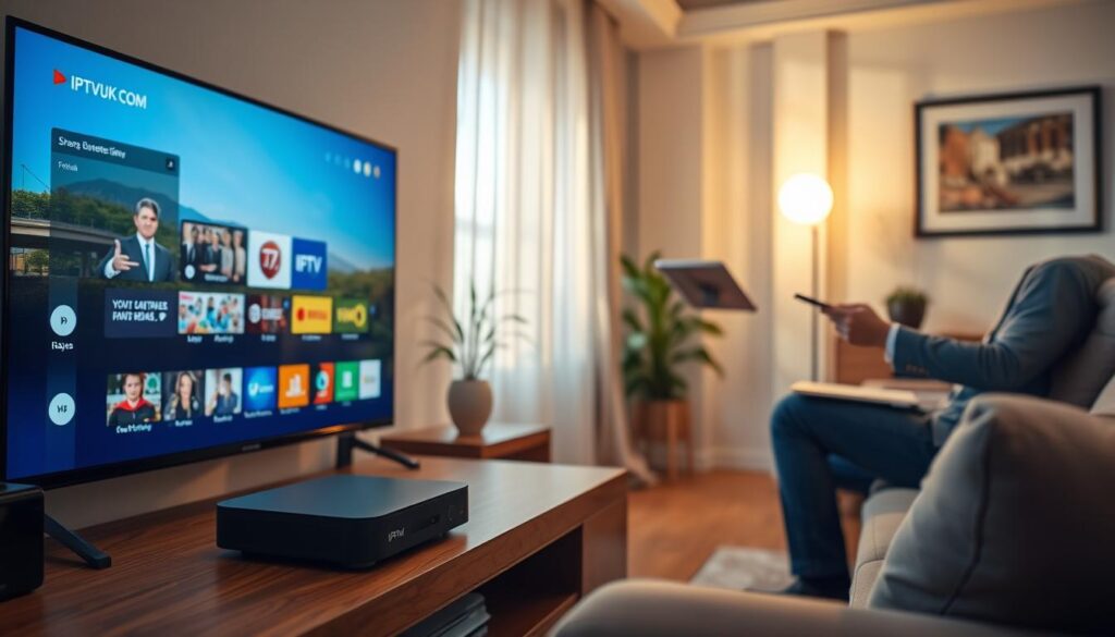 A modern living room showcasing a stylish home entertainment setup focused on IPTV streaming optimization. In the foreground, a sleek smart TV displays a vibrant IPTV interface, featuring live TV channels and a user-friendly menu. A high-tech streaming device sits next to the TV on a wooden console. In the middle ground, a professional, well-dressed person attentively adjusts the settings on a tablet to optimize streaming quality. The background is a cozy, well-lit room with soft sunlight filtering through sheer curtains. Soft shadows create a warm atmosphere, enhancing a sense of comfort and sophistication. A subtle glow emanates from the TV, adding to the inviting mood. Include branding for "IPTVVUK.COM" elegantly on the console or wall art. A modern living room showcasing a stylish home entertainment setup focused on IPTV streaming optimization. In the foreground, a sleek smart TV displays a vibrant IPTV interface, featuring live TV channels and a user-friendly menu. A high-tech streaming device sits next to the TV on a wooden console. In the middle ground, a professional, well-dressed person attentively adjusts the settings on a tablet to optimize streaming quality. The background is a cozy, well-lit room with soft sunlight filtering through sheer curtains. Soft shadows create a warm atmosphere, enhancing a sense of comfort and sophistication. A subtle glow emanates from the TV, adding to the inviting mood. Include branding for "IPTVVUK.COM" elegantly on the console or wall art.
