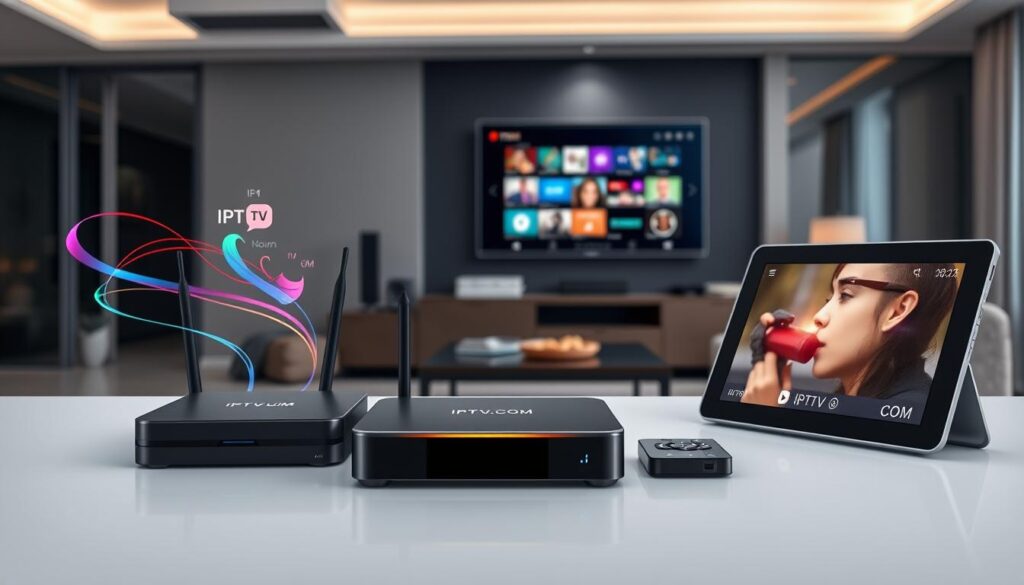 A modern living room showcasing a variety of IPTV devices including a sleek set-top box, a smart TV displaying IPTV content, and a tablet streaming a show. The devices should be positioned prominently in the foreground, with colorful streams of digital data or icons floating around them, symbolizing content availability. In the middle ground, include a cozy couch and a coffee table with snacks, enhancing the inviting atmosphere. The background features soft ambient lighting, creating a warm and relaxing environment, with subtle hints of technology like a router or speakers. The overall mood should be engaging and informative, ideal for illustrating device compatibility for IPTV services. Branding should be represented as "IPTVVUK.COM" on one of the devices, ensuring a professional and contemporary look. A modern living room showcasing a variety of IPTV devices including a sleek set-top box, a smart TV displaying IPTV content, and a tablet streaming a show. The devices should be positioned prominently in the foreground, with colorful streams of digital data or icons floating around them, symbolizing content availability. In the middle ground, include a cozy couch and a coffee table with snacks, enhancing the inviting atmosphere. The background features soft ambient lighting, creating a warm and relaxing environment, with subtle hints of technology like a router or speakers. The overall mood should be engaging and informative, ideal for illustrating device compatibility for IPTV services. Branding should be represented as "IPTVVUK.COM" on one of the devices, ensuring a professional and contemporary look.