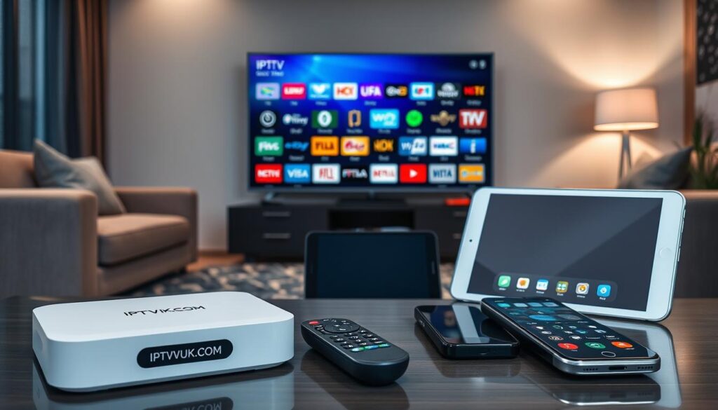 A modern living room showcasing diverse IPTV devices compatible with various streaming services. In the foreground, a sleek IPTV box labeled "IPTVVUK.COM," with remote control nearby. In the middle, a smart TV displaying a vibrant interface filled with logo icons of popular IPTV channels, while a tablet and smartphone rest beside it, illustrating accessibility on multiple platforms. The background features cozy furniture and soft ambient lighting, creating an inviting atmosphere. Use a wide-angle lens to capture the entire room, emphasizing the devices' modern design. The overall mood is tech-savvy and contemporary, highlighting the ease of choosing the right IPTV service for your needs. A modern living room showcasing diverse IPTV devices compatible with various streaming services. In the foreground, a sleek IPTV box labeled "IPTVVUK.COM," with remote control nearby. In the middle, a smart TV displaying a vibrant interface filled with logo icons of popular IPTV channels, while a tablet and smartphone rest beside it, illustrating accessibility on multiple platforms. The background features cozy furniture and soft ambient lighting, creating an inviting atmosphere. Use a wide-angle lens to capture the entire room, emphasizing the devices' modern design. The overall mood is tech-savvy and contemporary, highlighting the ease of choosing the right IPTV service for your needs.