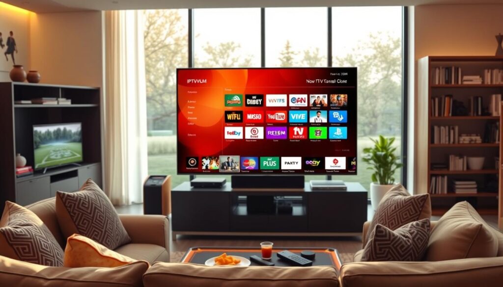 A modern living room with a cozy atmosphere featuring a sleek flat-screen TV displaying a vibrant, colorful interface of various IPTV channels. In the foreground, a comfortable couch is adorned with decorative pillows, inviting viewers to relax. The middle layer shows a coffee table with snacks and a remote control, symbolizing leisure time spent enjoying diverse content. In the background, large windows allow warm, natural light to flood the room, enhancing the welcoming mood. A stylish bookshelf with technology and books is visible, hinting at the blend of entertainment and information that IPTV offers. The overall vibe conveys a sense of modern living and convenience, with a subtle branding of "IPTVVUK.COM" integrated into the TV interface. A modern living room with a cozy atmosphere featuring a sleek flat-screen TV displaying a vibrant, colorful interface of various IPTV channels. In the foreground, a comfortable couch is adorned with decorative pillows, inviting viewers to relax. The middle layer shows a coffee table with snacks and a remote control, symbolizing leisure time spent enjoying diverse content. In the background, large windows allow warm, natural light to flood the room, enhancing the welcoming mood. A stylish bookshelf with technology and books is visible, hinting at the blend of entertainment and information that IPTV offers. The overall vibe conveys a sense of modern living and convenience, with a subtle branding of "IPTVVUK.COM" integrated into the TV interface.