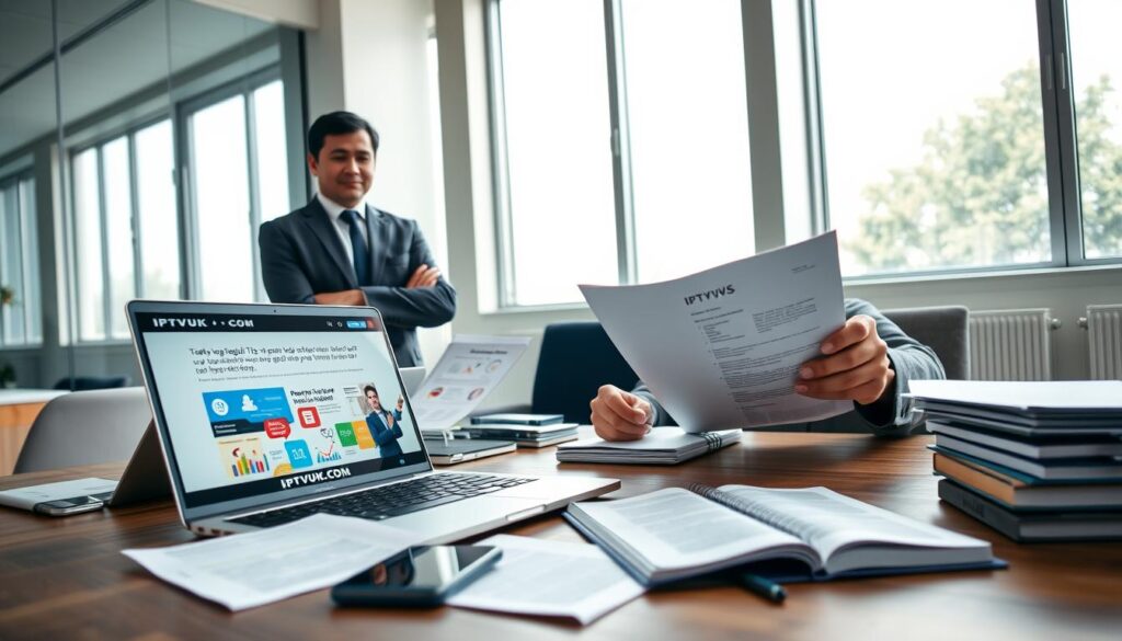A modern office setting featuring a confident professional in smart business attire, analyzing legal documents about IPTV legality. In the foreground, focus on a sleek, open laptop displaying the website "IPTVVUK.COM" with several colorful charts and graphs depicting safety tips and legal considerations. In the middle, a wooden desk scattered with legal brochures, a smartphone, and a notepad filled with notes. The background reveals a well-lit room with large windows allowing natural light to pour in, accentuating the professional atmosphere. The mood is serious yet optimistic, emphasizing the importance of understanding legal aspects for cord-cutters exploring IPTV services. The angle is slightly elevated, providing a comprehensive view of the workspace. A modern office setting featuring a confident professional in smart business attire, analyzing legal documents about IPTV legality. In the foreground, focus on a sleek, open laptop displaying the website "IPTVVUK.COM" with several colorful charts and graphs depicting safety tips and legal considerations. In the middle, a wooden desk scattered with legal brochures, a smartphone, and a notepad filled with notes. The background reveals a well-lit room with large windows allowing natural light to pour in, accentuating the professional atmosphere. The mood is serious yet optimistic, emphasizing the importance of understanding legal aspects for cord-cutters exploring IPTV services. The angle is slightly elevated, providing a comprehensive view of the workspace.