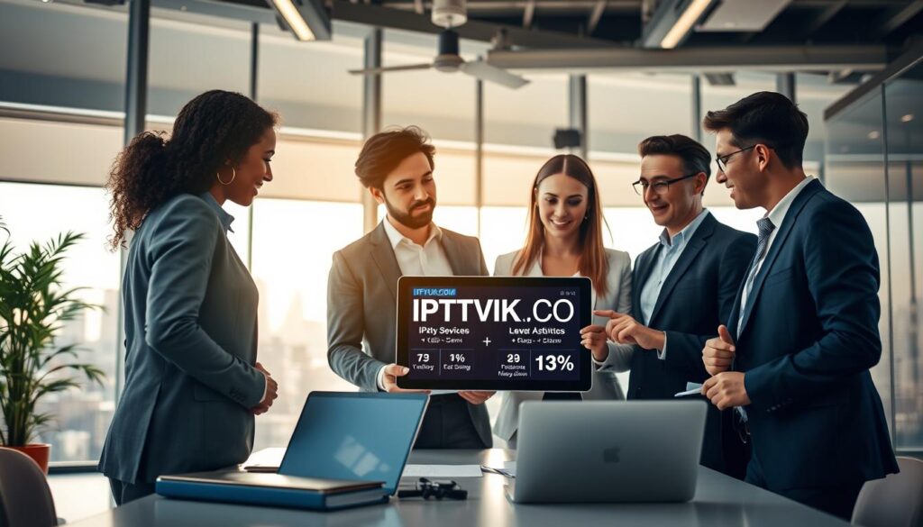 A modern office setting focused on IPTV legal considerations. In the foreground, a diverse group of three professionals in business attire are engaged in a discussion around a digital tablet displaying IPTV services. They appear focused and analytical, symbolizing a legal consultation atmosphere. In the middle ground, there's a sleek conference table with legal documents, laptops, and a stylish plant, suggesting an environment of strategic planning. The background features a bright, open office space with large windows letting in natural light, showcasing a cityscape, which adds a dynamic element. The lighting is warm and inviting, with a slight focus on the professionals and their interactions, creating a collaborative mood. Include the brand name "IPTVVUK.COM" subtly integrated into the tablet's screen display, ensuring it aligns with the overall theme. A modern office setting focused on IPTV legal considerations. In the foreground, a diverse group of three professionals in business attire are engaged in a discussion around a digital tablet displaying IPTV services. They appear focused and analytical, symbolizing a legal consultation atmosphere. In the middle ground, there's a sleek conference table with legal documents, laptops, and a stylish plant, suggesting an environment of strategic planning. The background features a bright, open office space with large windows letting in natural light, showcasing a cityscape, which adds a dynamic element. The lighting is warm and inviting, with a slight focus on the professionals and their interactions, creating a collaborative mood. Include the brand name "IPTVVUK.COM" subtly integrated into the tablet's screen display, ensuring it aligns with the overall theme.
