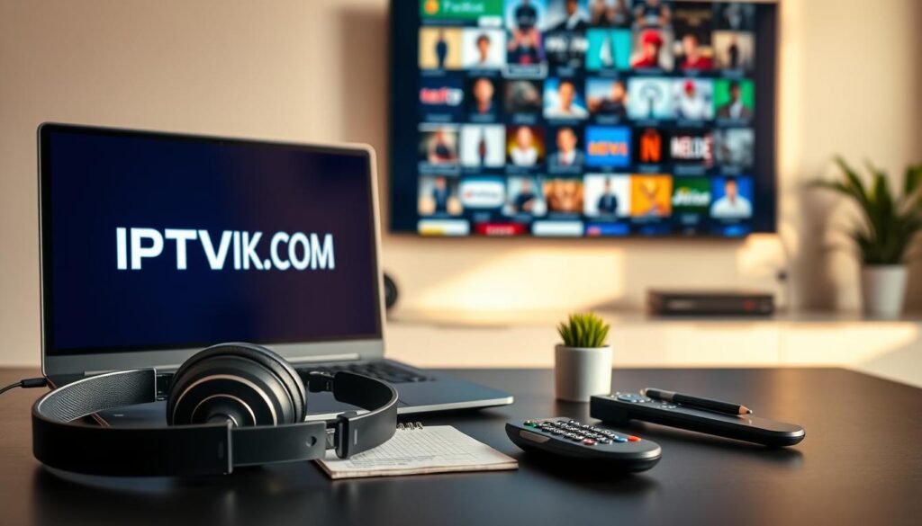 A modern, sleek desk setup featuring a laptop displaying the interface of an IPTV subscription service, prominently showcasing the logo "IPTVVUK.COM". In the foreground, include a pair of stylish headphones and a digital remote control, symbolizing user interaction. The middle ground features a small potted plant and a notepad with a pen, creating a professional atmosphere. In the background, a softly blurred wall-mounted screen displays a vibrant array of streaming content options, with colorful thumbnails of popular shows and movies. Warm, natural lighting fills the scene, enhancing the inviting and focused mood, captured from a slightly elevated angle to provide depth and perspective. Emphasize a clean, organized workspace that reflects professionalism and comfort, perfect for selecting the right IPTV service. A modern, sleek desk setup featuring a laptop displaying the interface of an IPTV subscription service, prominently showcasing the logo "IPTVVUK.COM". In the foreground, include a pair of stylish headphones and a digital remote control, symbolizing user interaction. The middle ground features a small potted plant and a notepad with a pen, creating a professional atmosphere. In the background, a softly blurred wall-mounted screen displays a vibrant array of streaming content options, with colorful thumbnails of popular shows and movies. Warm, natural lighting fills the scene, enhancing the inviting and focused mood, captured from a slightly elevated angle to provide depth and perspective. Emphasize a clean, organized workspace that reflects professionalism and comfort, perfect for selecting the right IPTV service.