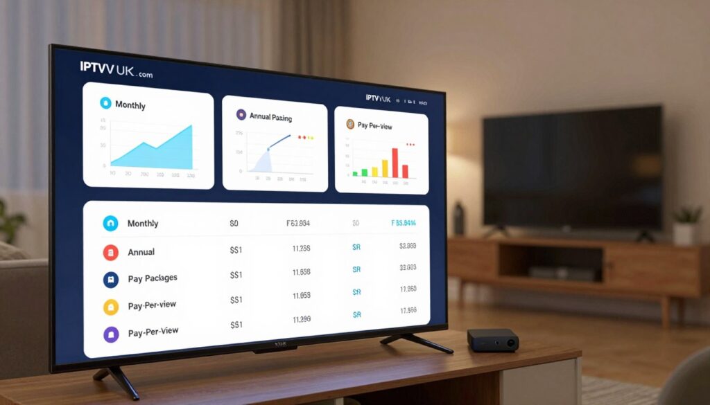 A modern, sleek digital interface displaying various IPTV pricing models. In the foreground, an elegantly designed chart showing different pricing tiers, such as monthly subscriptions, annual packages, and pay-per-view options, each represented by unique icons. The middle ground features stylized graphs and visual representations of customer ratings and popularity. The background displays a cozy living room setting with a high-definition TV and streaming device, creating a welcoming atmosphere. Soft, warm lighting illuminates the room, enhancing the focus on the pricing display. The overall mood is professional and informative, emphasizing clarity and trust in IPTVVUK.COM as a reliable source for IPTV services. A modern, sleek digital interface displaying various IPTV pricing models. In the foreground, an elegantly designed chart showing different pricing tiers, such as monthly subscriptions, annual packages, and pay-per-view options, each represented by unique icons. The middle ground features stylized graphs and visual representations of customer ratings and popularity. The background displays a cozy living room setting with a high-definition TV and streaming device, creating a welcoming atmosphere. Soft, warm lighting illuminates the room, enhancing the focus on the pricing display. The overall mood is professional and informative, emphasizing clarity and trust in IPTVVUK.COM as a reliable source for IPTV services.