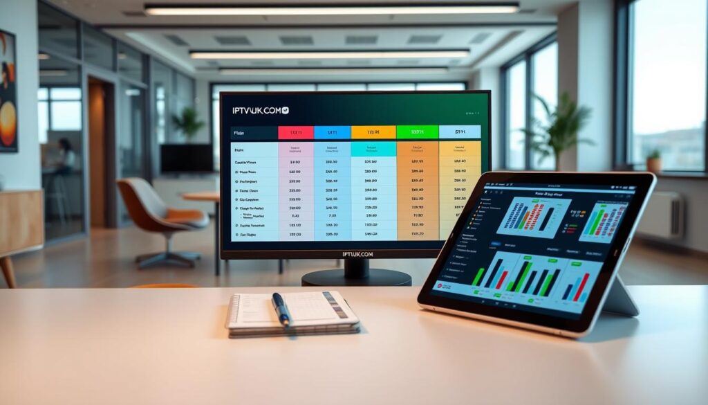 A modern, sleek digital workspace showcasing IPTV pricing and subscription options. In the foreground, a well-organized desk featuring a laptop displaying a colorful dashboard of IPTV plans, alongside a tablet showing comparison charts. The middle ground includes a stylish chair and a notepad with neatly written notes. The background reveals a contemporary office with large windows allowing natural light to flood the space, enhancing a bright, optimistic mood. The atmosphere conveys professionalism and clarity, highlighting the efficiency of IPTV services. Use a wide-angle lens effect to capture the entire setting, with soft-focus elements to maintain emphasis on the IPTV details. Include the brand name "IPTVVUK.COM" in a subtle yet visible manner on the laptop screen. A modern, sleek digital workspace showcasing IPTV pricing and subscription options. In the foreground, a well-organized desk featuring a laptop displaying a colorful dashboard of IPTV plans, alongside a tablet showing comparison charts. The middle ground includes a stylish chair and a notepad with neatly written notes. The background reveals a contemporary office with large windows allowing natural light to flood the space, enhancing a bright, optimistic mood. The atmosphere conveys professionalism and clarity, highlighting the efficiency of IPTV services. Use a wide-angle lens effect to capture the entire setting, with soft-focus elements to maintain emphasis on the IPTV details. Include the brand name "IPTVVUK.COM" in a subtle yet visible manner on the laptop screen.
