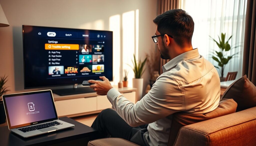 A modern, sleek living room setup with a stylish TV displaying an IPTV interface, showcasing various channels and quality settings. In the foreground, a professional-looking person in a smart casual outfit is seated, intently adjusting the settings on a remote control, symbolizing optimization. A laptop on a side table shows troubleshooting steps, while a smartphone beside it displays an app icon for IPTVVUK.COM. The middle background features decorative elements like plants and a cozy sofa, creating an inviting atmosphere. The lighting is warm and soft, enhancing the relaxed feel of the scene, while natural light streams in from a window, adding a touch of realism. The overall mood should convey a sense of calm efficiency and modern living. A modern, sleek living room setup with a stylish TV displaying an IPTV interface, showcasing various channels and quality settings. In the foreground, a professional-looking person in a smart casual outfit is seated, intently adjusting the settings on a remote control, symbolizing optimization. A laptop on a side table shows troubleshooting steps, while a smartphone beside it displays an app icon for IPTVVUK.COM. The middle background features decorative elements like plants and a cozy sofa, creating an inviting atmosphere. The lighting is warm and soft, enhancing the relaxed feel of the scene, while natural light streams in from a window, adding a touch of realism. The overall mood should convey a sense of calm efficiency and modern living.
