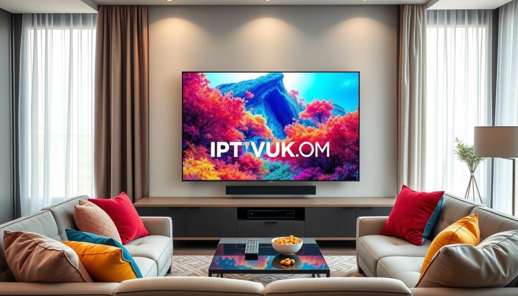 A modern, sleek living room with a large flat-screen TV displaying high-definition IPTV streaming. In the foreground, a comfortable sofa with colorful cushions, set against a wall with a stylish entertainment unit. On the TV screen, vivid imagery showcasing vibrant colors and sharp clarity, illustrating excellent streaming quality. In the background, soft natural light filtering through sheer curtains creates a warm, inviting atmosphere. A tasteful coffee table with snacks and a remote control adds a casual touch. The scene subtly integrates the brand "IPTVVUK.COM" into the design of the TV interface. The overall mood is relaxed yet sophisticated, emphasizing the enjoyment of high-quality IPTV streaming. A modern, sleek living room with a large flat-screen TV displaying high-definition IPTV streaming. In the foreground, a comfortable sofa with colorful cushions, set against a wall with a stylish entertainment unit. On the TV screen, vivid imagery showcasing vibrant colors and sharp clarity, illustrating excellent streaming quality. In the background, soft natural light filtering through sheer curtains creates a warm, inviting atmosphere. A tasteful coffee table with snacks and a remote control adds a casual touch. The scene subtly integrates the brand "IPTVVUK.COM" into the design of the TV interface. The overall mood is relaxed yet sophisticated, emphasizing the enjoyment of high-quality IPTV streaming.