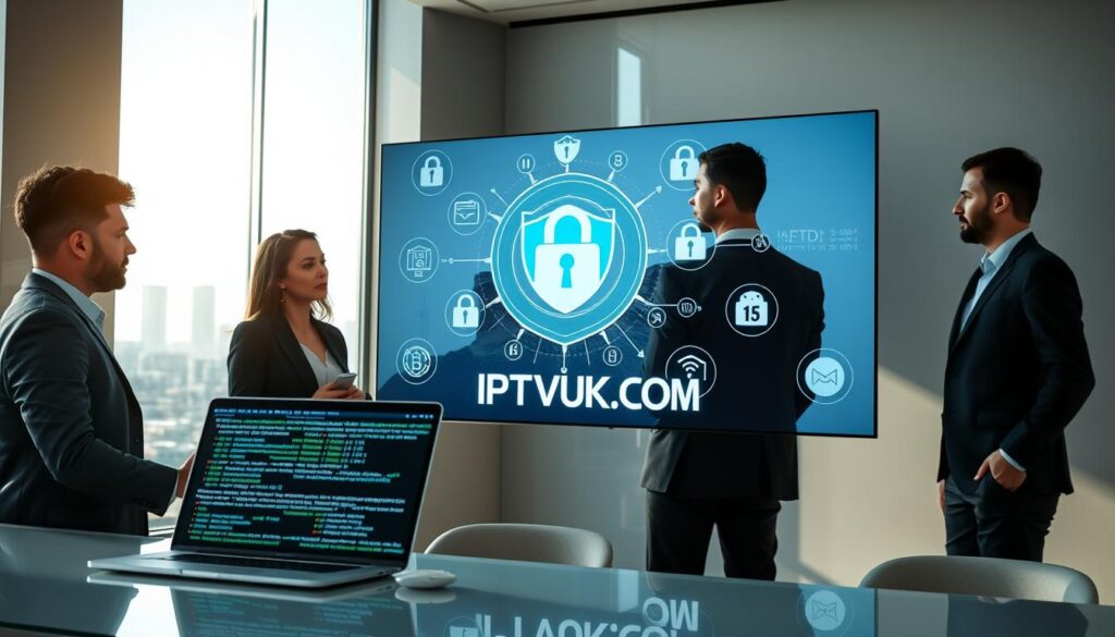 A modern, sleek office environment focused on IPTV security measures. In the foreground, a diverse group of three professionals discuss IPTV services, all dressed in smart business attire, with a laptop displaying encrypted coding and security protocols. In the middle, a large digital screen illustrates various IPTV safety icons, like shields, locks, and data protection symbols. The background features a window showing a calm cityscape, emphasizing a secure digital future. The lighting is bright and focused, creating a productive atmosphere, while soft shadows add depth to the scene. Ensure that "IPTVVUK.COM" is subtly integrated into the digital screen's design to maintain a professional look without distractions. A modern, sleek office environment focused on IPTV security measures. In the foreground, a diverse group of three professionals discuss IPTV services, all dressed in smart business attire, with a laptop displaying encrypted coding and security protocols. In the middle, a large digital screen illustrates various IPTV safety icons, like shields, locks, and data protection symbols. The background features a window showing a calm cityscape, emphasizing a secure digital future. The lighting is bright and focused, creating a productive atmosphere, while soft shadows add depth to the scene. Ensure that "IPTVVUK.COM" is subtly integrated into the digital screen's design to maintain a professional look without distractions.