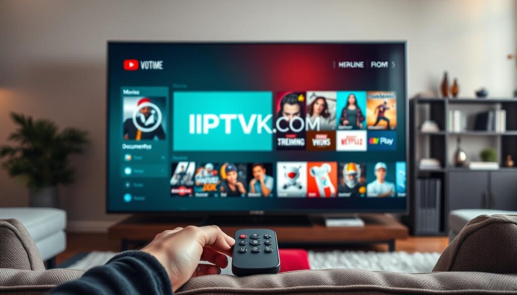 A modern streaming service interface displayed on a sleek, ultra-high-definition television in a stylish living room. The foreground features a remote control and a cozy couch, inviting viewers to engage with content. In the middle ground, the TV screen showcases the logo "IPTVVUK.COM" alongside an array of colorful streaming thumbnails, representing various genres like movies, documentaries, and sports. The background includes soft ambient lighting, with a stylish bookshelf and subtle decorations that create a warm and welcoming atmosphere. Use a wide-angle lens to capture the inviting environment, emphasizing clarity and vibrancy. The mood is relaxed and contemporary, emphasizing secure and enjoyable streaming solutions.