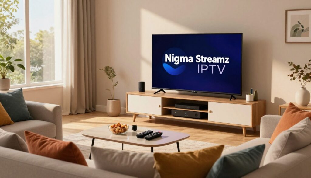 A modern, stylish living room scene showcasing a sleek television displaying the "Nigma Streamz IPTV" logo prominently on the screen. In the foreground, a comfortable sofa adorned with colorful cushions, inviting relaxation. A cozy coffee table is set in front, featuring snacks and remote controls. The middle ground includes a stylish entertainment unit with streaming devices and decor, while the background shows an airy window with natural light streaming in, casting warm shadows. Soft, ambient lighting enhances the inviting atmosphere. Aim for a warm and inviting mood, emphasizing a contemporary home setting that appeals to cord-cutters exploring streaming options. Include subtle branding for "IPTVVUK.COM" within the design elements. A modern, stylish living room scene showcasing a sleek television displaying the "Nigma Streamz IPTV" logo prominently on the screen. In the foreground, a comfortable sofa adorned with colorful cushions, inviting relaxation. A cozy coffee table is set in front, featuring snacks and remote controls. The middle ground includes a stylish entertainment unit with streaming devices and decor, while the background shows an airy window with natural light streaming in, casting warm shadows. Soft, ambient lighting enhances the inviting atmosphere. Aim for a warm and inviting mood, emphasizing a contemporary home setting that appeals to cord-cutters exploring streaming options. Include subtle branding for "IPTVVUK.COM" within the design elements.