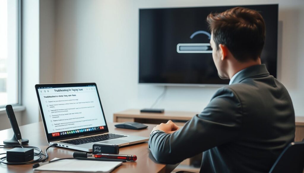 A person in professional business attire sitting at a modern desk, focused on troubleshooting IPTV streaming issues on a sleek TV. The foreground features a laptop displaying troubleshooting steps and a vibrant IPTVVUK.COM logo. The middle ground shows a well-organized desk with tools like a network tester, cables, and a notepad. In the background, a large wall-mounted TV displays a buffering icon, while soft ambient lighting gives a calm yet technical atmosphere. The scene captures a sense of concentration, problem-solving, and dedication to resolving tech issues, with a depth of field that emphasizes the desk and the individual, creating a professional environment. A person in professional business attire sitting at a modern desk, focused on troubleshooting IPTV streaming issues on a sleek TV. The foreground features a laptop displaying troubleshooting steps and a vibrant IPTVVUK.COM logo. The middle ground shows a well-organized desk with tools like a network tester, cables, and a notepad. In the background, a large wall-mounted TV displays a buffering icon, while soft ambient lighting gives a calm yet technical atmosphere. The scene captures a sense of concentration, problem-solving, and dedication to resolving tech issues, with a depth of field that emphasizes the desk and the individual, creating a professional environment.