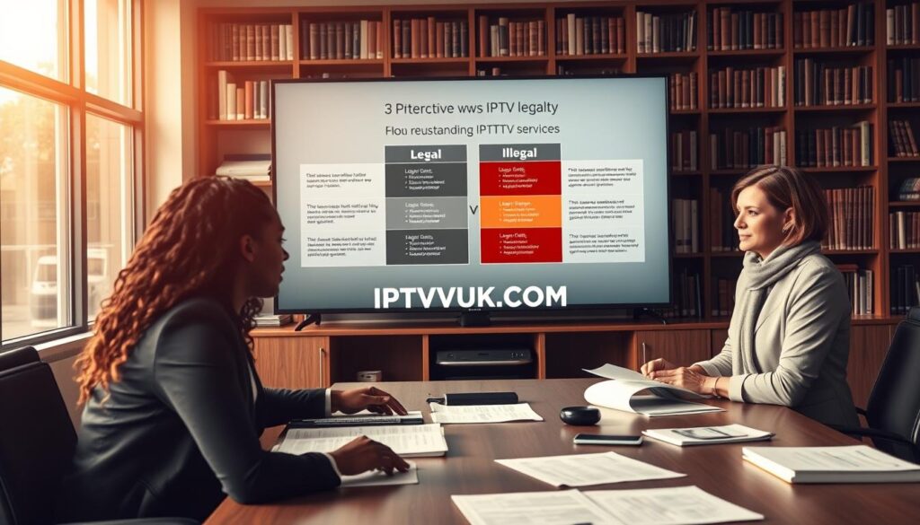 A professional, analytical office environment showcasing the complexities of IPTV legality. In the foreground, a diverse group of three individuals—a Black woman and a Hispanic man in business attire, and a Caucasian woman in modest casual wear—are engaged in a discussion around a large table filled with legal documents and digital devices. In the middle ground, a large screen displays a stylized infographic comparing legal and illegal IPTV services, with distinct sections highlighting regulations and compliance. The background features bookshelves filled with legal literature, softly illuminated by natural sunlight filtering through large windows, creating a warm yet focused atmosphere. The mood conveys a sense of urgency and professionalism, emphasizing the importance of understanding IPTV laws. Prominently displayed within the scene is the brand name "IPTVVUK.COM", subtly integrated into the infographic on the screen. A professional, analytical office environment showcasing the complexities of IPTV legality. In the foreground, a diverse group of three individuals—a Black woman and a Hispanic man in business attire, and a Caucasian woman in modest casual wear—are engaged in a discussion around a large table filled with legal documents and digital devices. In the middle ground, a large screen displays a stylized infographic comparing legal and illegal IPTV services, with distinct sections highlighting regulations and compliance. The background features bookshelves filled with legal literature, softly illuminated by natural sunlight filtering through large windows, creating a warm yet focused atmosphere. The mood conveys a sense of urgency and professionalism, emphasizing the importance of understanding IPTV laws. Prominently displayed within the scene is the brand name "IPTVVUK.COM", subtly integrated into the infographic on the screen.