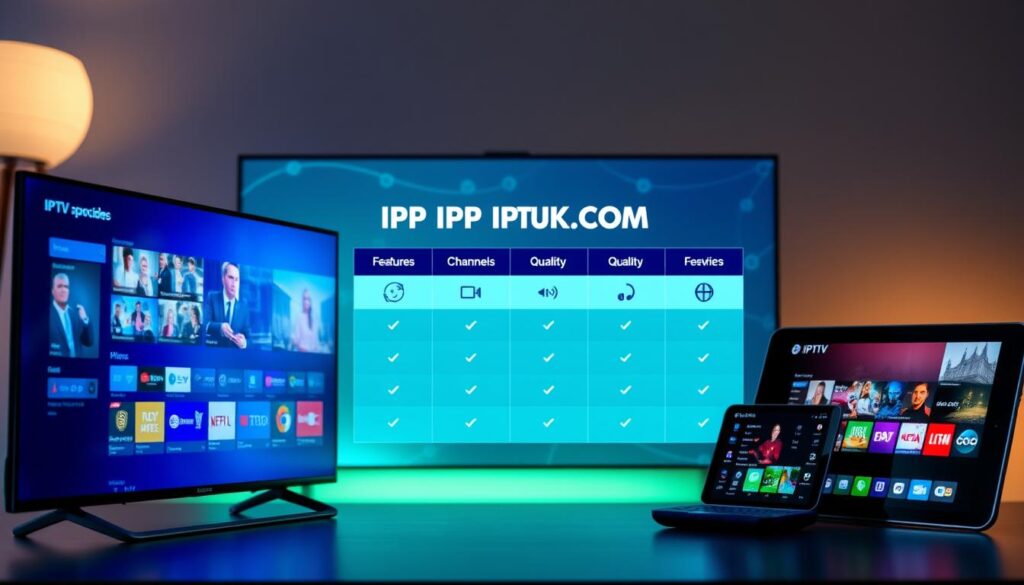 A professional and informative image depicting a comparison of UK IPTV providers. In the foreground, display sleek digital devices, such as a smart TV and a tablet, showcasing various IPTV interfaces. In the middle, include a visually engaging comparison chart with symbols for different features (like price, channels, and quality), designed in a user-friendly layout. The background features an abstract representation of streaming data, with subtle network lines and a soft gradient of blue and green tones to evoke a tech-savvy atmosphere. The scene is illuminated with soft, ambient lighting, enhancing the modern feel. The overall mood should be informative yet visually striking, engaging the viewer's interest. Include the brand name "IPTVVUK.COM" subtly integrated into the design elements, ensuring it maintains a professional appearance. A professional and informative image depicting a comparison of UK IPTV providers. In the foreground, display sleek digital devices, such as a smart TV and a tablet, showcasing various IPTV interfaces. In the middle, include a visually engaging comparison chart with symbols for different features (like price, channels, and quality), designed in a user-friendly layout. The background features an abstract representation of streaming data, with subtle network lines and a soft gradient of blue and green tones to evoke a tech-savvy atmosphere. The scene is illuminated with soft, ambient lighting, enhancing the modern feel. The overall mood should be informative yet visually striking, engaging the viewer's interest. Include the brand name "IPTVVUK.COM" subtly integrated into the design elements, ensuring it maintains a professional appearance.