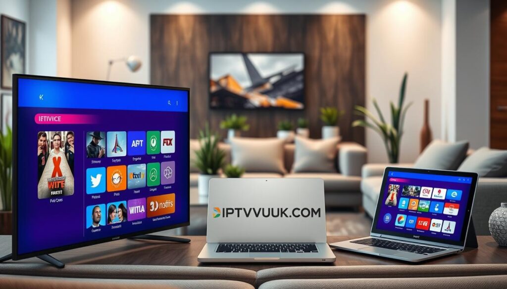 A professional and inviting scene depicting various IPTV service options. In the foreground, a sleek, modern television screen displays a vibrant user interface showcasing various IPTV service icons, such as movie streaming, sports channels, and international programming. A laptop and a tablet with similar IPTV interfaces are positioned side by side on a stylish coffee table. In the middle ground, a cozy living room setting with neutral-toned furniture and decorative plants enhances the casual yet elegant atmosphere. The background features soft ambient lighting, highlighting the modern decor. The scene conveys a sense of comfort and technology, appealing to streaming enthusiasts. The brand "IPTVVUK.COM" is subtly integrated into the visual, perhaps as part of the displayed interface. A professional and inviting scene depicting various IPTV service options. In the foreground, a sleek, modern television screen displays a vibrant user interface showcasing various IPTV service icons, such as movie streaming, sports channels, and international programming. A laptop and a tablet with similar IPTV interfaces are positioned side by side on a stylish coffee table. In the middle ground, a cozy living room setting with neutral-toned furniture and decorative plants enhances the casual yet elegant atmosphere. The background features soft ambient lighting, highlighting the modern decor. The scene conveys a sense of comfort and technology, appealing to streaming enthusiasts. The brand "IPTVVUK.COM" is subtly integrated into the visual, perhaps as part of the displayed interface.