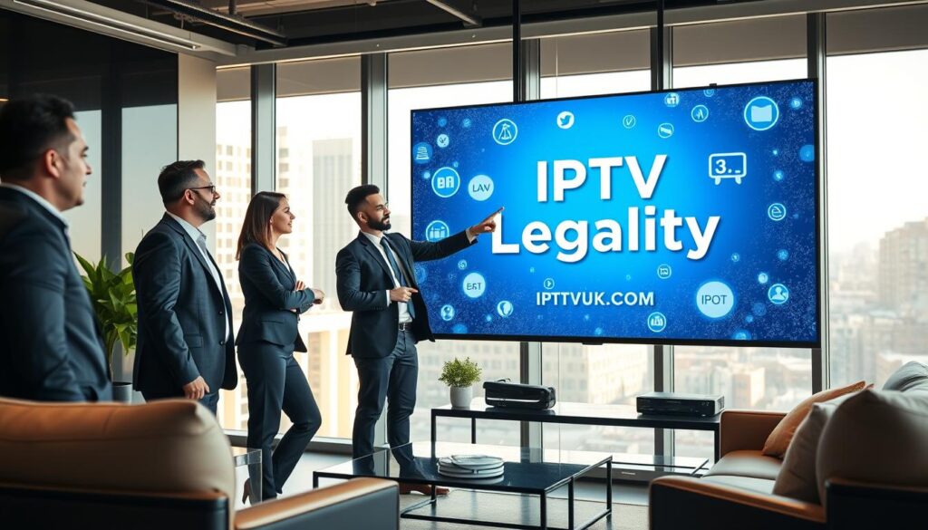 A professional and modern office setting, featuring a large flat-screen monitor displaying the phrase "IPTV Legality" within a digital world, surrounded by floating icons representing laws and streaming services. In the foreground, a diverse group of three individuals in business attire—two men and one woman—are engaged in a discussion, pointing at the monitor. The middle ground features stylish contemporary furniture and a large window allowing natural light to illuminate the space. In the background, city buildings are visible, hinting at a bustling urban atmosphere. The lighting is bright and inspiring, creating a hopeful mood about navigating IPTV legality. The brand name "IPTVVUK.COM" is subtly integrated into the screen design. Use a camera angle that captures the entire scene dynamically, emphasizing interaction and professionalism. A professional and modern office setting, featuring a large flat-screen monitor displaying the phrase "IPTV Legality" within a digital world, surrounded by floating icons representing laws and streaming services. In the foreground, a diverse group of three individuals in business attire—two men and one woman—are engaged in a discussion, pointing at the monitor. The middle ground features stylish contemporary furniture and a large window allowing natural light to illuminate the space. In the background, city buildings are visible, hinting at a bustling urban atmosphere. The lighting is bright and inspiring, creating a hopeful mood about navigating IPTV legality. The brand name "IPTVVUK.COM" is subtly integrated into the screen design. Use a camera angle that captures the entire scene dynamically, emphasizing interaction and professionalism.