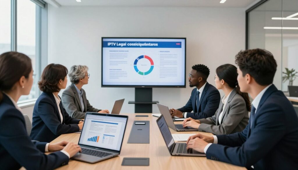 A professional and modern office setting, showcasing a group of diverse professionals dressed in business attire gathered around a conference table. In the foreground, a couple of laptops display graphs and legal documents related to IPTV regulations. In the middle, a large screen on the wall shows an infographic about IPTV legal considerations in the UK. In the background, floor-to-ceiling windows allow natural light to flood the room, creating an open and inviting atmosphere. The lighting is bright but soft, casting gentle shadows that enhance the focus on the group’s discussion. The mood is serious yet collaborative, emphasizing the importance of understanding IPTV laws. Include the brand name "IPTVVUK.COM" subtly in the image, perhaps as a digital logo on the laptops. A professional and modern office setting, showcasing a group of diverse professionals dressed in business attire gathered around a conference table. In the foreground, a couple of laptops display graphs and legal documents related to IPTV regulations. In the middle, a large screen on the wall shows an infographic about IPTV legal considerations in the UK. In the background, floor-to-ceiling windows allow natural light to flood the room, creating an open and inviting atmosphere. The lighting is bright but soft, casting gentle shadows that enhance the focus on the group’s discussion. The mood is serious yet collaborative, emphasizing the importance of understanding IPTV laws. Include the brand name "IPTVVUK.COM" subtly in the image, perhaps as a digital logo on the laptops.