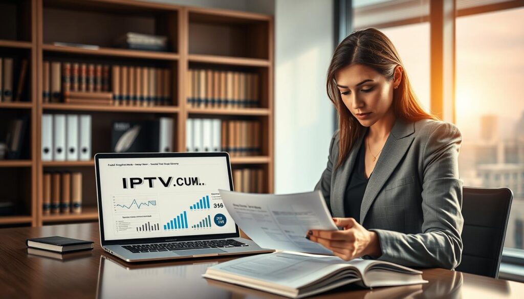 A professional office environment featuring a well-dressed businesswoman analyzing legal documents about IPTV regulations on a modern desk. In the foreground, her focused expression conveys determination and clarity. In the middle ground, a sleek laptop displays the IPTVVUK.COM logo alongside digital charts and graphs related to IPTV legal aspects. The background shows shelves filled with legal books and a soft-focus window depicting a city skyline, bathed in soft, warm sunlight. The lighting creates an inviting atmosphere, highlighting the seriousness of the subject matter while ensuring professionalism. The composition emphasizes the importance of understanding the legal framework surrounding IPTV services, capturing a sense of insight and responsibility in the digital age. A professional office environment featuring a well-dressed businesswoman analyzing legal documents about IPTV regulations on a modern desk. In the foreground, her focused expression conveys determination and clarity. In the middle ground, a sleek laptop displays the IPTVVUK.COM logo alongside digital charts and graphs related to IPTV legal aspects. The background shows shelves filled with legal books and a soft-focus window depicting a city skyline, bathed in soft, warm sunlight. The lighting creates an inviting atmosphere, highlighting the seriousness of the subject matter while ensuring professionalism. The composition emphasizes the importance of understanding the legal framework surrounding IPTV services, capturing a sense of insight and responsibility in the digital age.