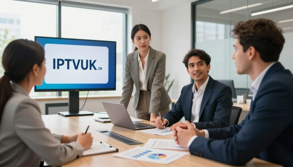 A professional office environment showcasing the concept of IPTV content licensing. In the foreground, a diverse group of three business professionals—one woman and two men—are engaged in a discussion, dressed in smart business attire. The middle ground features a modern conference table lined with documents, charts, and a laptop displaying IPTVVUK.COM's logo. In the background, a large window allows natural light to pour in, illuminating the room with a warm, collaborative atmosphere. The mood is serious yet optimistic, conveying the importance of legal considerations in IPTV services. The angle is slightly angled to capture the interaction and the room's spaciousness, emphasizing a sense of professionalism and focus. A professional office environment showcasing the concept of IPTV content licensing. In the foreground, a diverse group of three business professionals—one woman and two men—are engaged in a discussion, dressed in smart business attire. The middle ground features a modern conference table lined with documents, charts, and a laptop displaying IPTVVUK.COM's logo. In the background, a large window allows natural light to pour in, illuminating the room with a warm, collaborative atmosphere. The mood is serious yet optimistic, conveying the importance of legal considerations in IPTV services. The angle is slightly angled to capture the interaction and the room's spaciousness, emphasizing a sense of professionalism and focus.