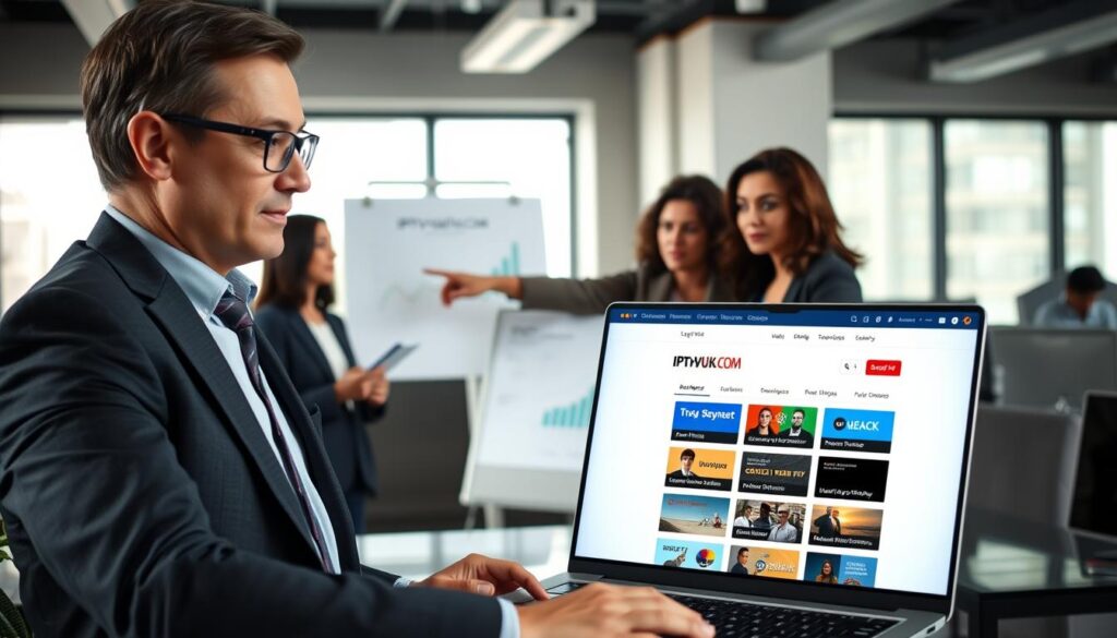 A professional office setting depicting a team of diverse individuals engaged in a discussion about legal IPTV services. In the foreground, a well-dressed middle-aged man with glasses gestures towards a laptop displaying the IPTVVUK.COM website, which showcases a clean interface of legal streaming options. In the middle ground, a woman in business attire takes notes while another team member points to a chart illustrating viewer statistics on a whiteboard. The background features a modern office environment with large windows allowing natural light to illuminate the room, creating a bright and inviting atmosphere. The overall mood conveys professionalism, collaboration, and trust, emphasizing the benefits of choosing legal IPTV services for safe streaming in the U.S. A professional office setting depicting a team of diverse individuals engaged in a discussion about legal IPTV services. In the foreground, a well-dressed middle-aged man with glasses gestures towards a laptop displaying the IPTVVUK.COM website, which showcases a clean interface of legal streaming options. In the middle ground, a woman in business attire takes notes while another team member points to a chart illustrating viewer statistics on a whiteboard. The background features a modern office environment with large windows allowing natural light to illuminate the room, creating a bright and inviting atmosphere. The overall mood conveys professionalism, collaboration, and trust, emphasizing the benefits of choosing legal IPTV services for safe streaming in the U.S.