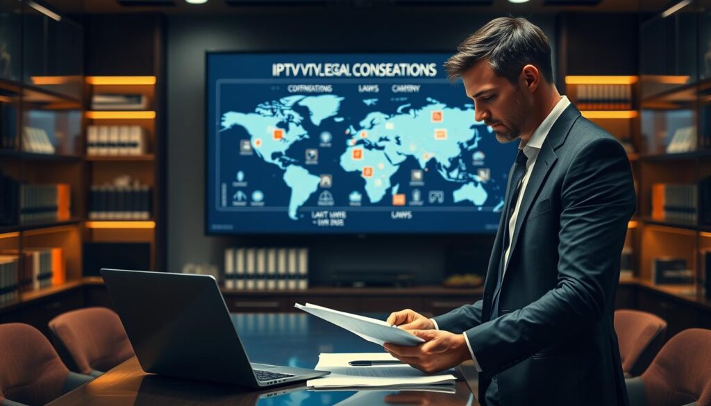 A professional office setting illustrating the concept of "IPTV Legal Considerations" for IPTVVUK.COM. In the foreground, a business professional in a smart suit, reviewing documents and analyzing data on a laptop, symbolizing the analytical nature of legal compliance. In the middle ground, a large screen displaying a digital map with icons representing laws and regulations related to IPTV across various countries. In the background, dim office lighting creates a serious atmosphere, with shelves filled with legal books and technology devices. Use soft, warm lighting to enhance the focus on the professional, with a shallow depth of field that blurs the background, emphasizing the importance of legal considerations in IPTV services. The overall mood is focused and studious, reflecting the importance of security in a rapidly evolving digital landscape. A professional office setting illustrating the concept of "IPTV Legal Considerations" for IPTVVUK.COM. In the foreground, a business professional in a smart suit, reviewing documents and analyzing data on a laptop, symbolizing the analytical nature of legal compliance. In the middle ground, a large screen displaying a digital map with icons representing laws and regulations related to IPTV across various countries. In the background, dim office lighting creates a serious atmosphere, with shelves filled with legal books and technology devices. Use soft, warm lighting to enhance the focus on the professional, with a shallow depth of field that blurs the background, emphasizing the importance of legal considerations in IPTV services. The overall mood is focused and studious, reflecting the importance of security in a rapidly evolving digital landscape.