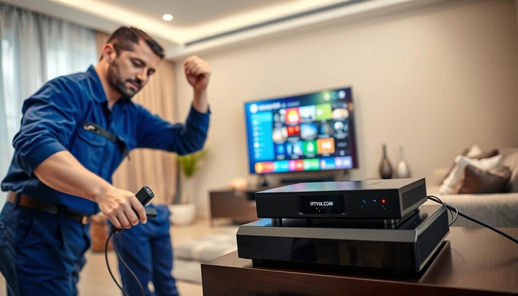 A professional technician in a smart blue uniform installs an IPTV setup in a modern living room. In the foreground, the technician is connecting cables to a sleek black set-top box labeled "IPTVVUK.COM" on a contemporary entertainment unit. The middle ground features a large flat-screen TV displaying a vibrant IPTV interface, showcasing various streaming options. The background consists of a cozy couch and decorative elements, creating a welcoming atmosphere. Soft indoor lighting highlights the scene, giving it a warm and inviting feel. The image captures a sense of expertise and professionalism in home technology, suitable for showcasing the IPTV installation process clearly and effectively. A professional technician in a smart blue uniform installs an IPTV setup in a modern living room. In the foreground, the technician is connecting cables to a sleek black set-top box labeled "IPTVVUK.COM" on a contemporary entertainment unit. The middle ground features a large flat-screen TV displaying a vibrant IPTV interface, showcasing various streaming options. The background consists of a cozy couch and decorative elements, creating a welcoming atmosphere. Soft indoor lighting highlights the scene, giving it a warm and inviting feel. The image captures a sense of expertise and professionalism in home technology, suitable for showcasing the IPTV installation process clearly and effectively.