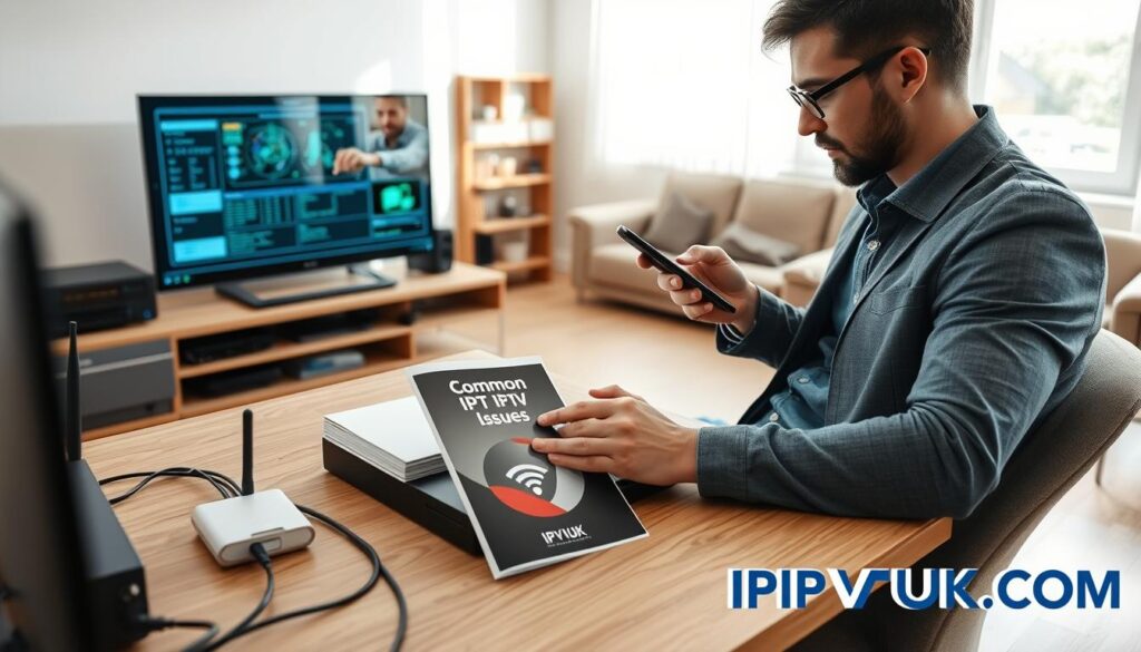 A professional technician troubleshooting IPTV service issues in a modern home office setting. In the foreground, the technician, dressed in smart casual attire, is focused on a laptop screen displaying technical diagnostics while holding a smartphone. In the middle ground, a neatly organized workspace features networking equipment, a Wi-Fi router, and a guidebook titled “Common IPTV Issues.” The background showcases a well-lit room with a comfortable couch and a large LED TV, creating a cozy atmosphere. Natural light streams in through a window, enhancing the clarity of the scene. The overall mood is one of problem-solving and efficiency, emphasizing a technological theme. Include the logo for IPTVVUK.COM integrated subtly into the scene. A professional technician troubleshooting IPTV service issues in a modern home office setting. In the foreground, the technician, dressed in smart casual attire, is focused on a laptop screen displaying technical diagnostics while holding a smartphone. In the middle ground, a neatly organized workspace features networking equipment, a Wi-Fi router, and a guidebook titled “Common IPTV Issues.” The background showcases a well-lit room with a comfortable couch and a large LED TV, creating a cozy atmosphere. Natural light streams in through a window, enhancing the clarity of the scene. The overall mood is one of problem-solving and efficiency, emphasizing a technological theme. Include the logo for IPTVVUK.COM integrated subtly into the scene.