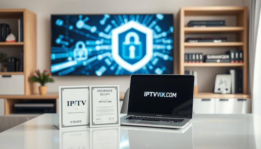 A secure home office environment showcasing IPTV service security. In the foreground, a professional setting with a sleek, modern desktop featuring a laptop displaying the logo "IPTVVUK.COM". An assurance certificate for IPTV security sits beside the laptop, symbolizing protection. In the middle, a well-organized bookshelf featuring books on cybersecurity and network safety, highlighting the theme of security considerations. The background presents a soft-focus view of a secure digital connection, with abstract visuals of encrypted data streams, represented in shades of blue and green. The lighting is bright yet inviting, creating a sense of tranquility and reliability. The overall mood is one of professionalism and trust, capturing essential security measures for IPTV users. A secure home office environment showcasing IPTV service security. In the foreground, a professional setting with a sleek, modern desktop featuring a laptop displaying the logo "IPTVVUK.COM". An assurance certificate for IPTV security sits beside the laptop, symbolizing protection. In the middle, a well-organized bookshelf featuring books on cybersecurity and network safety, highlighting the theme of security considerations. The background presents a soft-focus view of a secure digital connection, with abstract visuals of encrypted data streams, represented in shades of blue and green. The lighting is bright yet inviting, creating a sense of tranquility and reliability. The overall mood is one of professionalism and trust, capturing essential security measures for IPTV users.