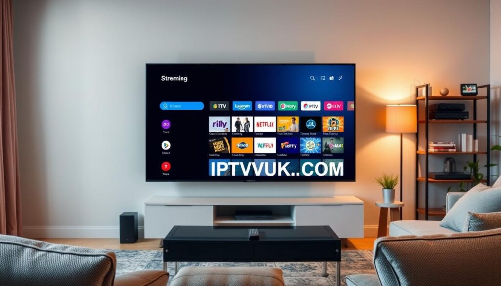 A sleek IPTV user interface displayed on a modern flat-screen television in a cozy living room setting. In the foreground, the screen shows an elegant grid of colorful channel icons and streaming options, featuring clear, crisp images and minimalist design elements. The room is softly lit with warm ambient lighting, casting gentle shadows, while a stylish coffee table with a remote control is visible. In the background, a wall-mounted shelf holds various media devices and a potted plant, creating a comforting atmosphere. The scene is captured from a slightly elevated angle to emphasize the user interface, conveying a sense of innovation and accessibility. The brand name "IPTVVUK.COM" subtly integrated as part of the interface design, ensuring it maintains focus on the IPTV experience. A sleek IPTV user interface displayed on a modern flat-screen television in a cozy living room setting. In the foreground, the screen shows an elegant grid of colorful channel icons and streaming options, featuring clear, crisp images and minimalist design elements. The room is softly lit with warm ambient lighting, casting gentle shadows, while a stylish coffee table with a remote control is visible. In the background, a wall-mounted shelf holds various media devices and a potted plant, creating a comforting atmosphere. The scene is captured from a slightly elevated angle to emphasize the user interface, conveying a sense of innovation and accessibility. The brand name "IPTVVUK.COM" subtly integrated as part of the interface design, ensuring it maintains focus on the IPTV experience.