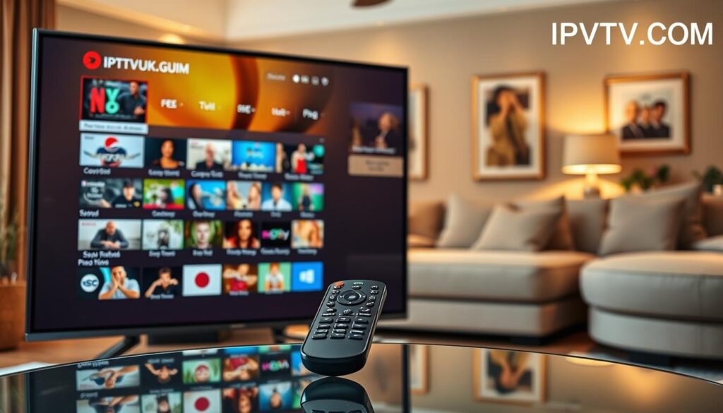 A sleek and modern Electronic Program Guide (EPG) interface displayed on a high-definition flat-screen TV in a cozy living room setting. The foreground features a user-friendly layout of show thumbnails with vibrant images, channel logos, and program details, showcasing an organized grid format. In the middle, a stylish remote control rests on a glass table, implying interactivity. The background reveals a tastefully decorated living room with soft lighting, a plush sofa, and contemporary decor, creating a relaxed atmosphere. The scene is illuminated by warm light, enhancing the vivid colors of the EPG interface. The mood is inviting and user-centric, emphasizing a seamless viewing experience. Clearly visible is the IPTVVUK.COM branding at the corner of the screen, promoting a trusted IPTV service. A sleek and modern Electronic Program Guide (EPG) interface displayed on a high-definition flat-screen TV in a cozy living room setting. The foreground features a user-friendly layout of show thumbnails with vibrant images, channel logos, and program details, showcasing an organized grid format. In the middle, a stylish remote control rests on a glass table, implying interactivity. The background reveals a tastefully decorated living room with soft lighting, a plush sofa, and contemporary decor, creating a relaxed atmosphere. The scene is illuminated by warm light, enhancing the vivid colors of the EPG interface. The mood is inviting and user-centric, emphasizing a seamless viewing experience. Clearly visible is the IPTVVUK.COM branding at the corner of the screen, promoting a trusted IPTV service.