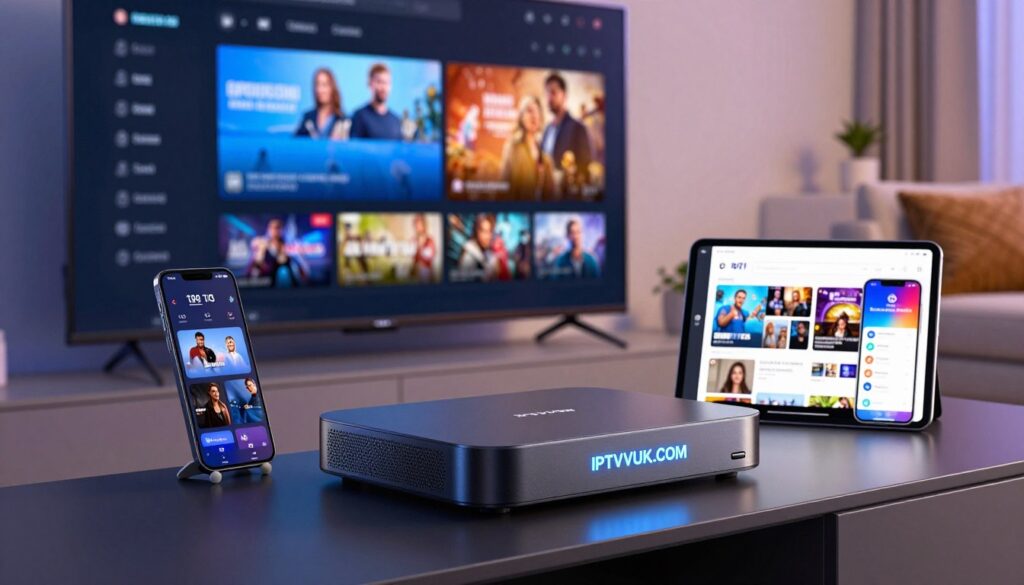 A sleek and modern IPTV device on a stylish media console, surrounded by various compatible devices like a smart TV, tablet, and smartphone, all displaying vibrant streaming content. The foreground features a close-up of the IPTV device with an illuminated display showcasing the brand name "IPTVVUK.COM." In the middle, a slim smart TV shows dynamic streaming visuals, while the smartphone and tablet depict a user-friendly interface for browsing channels. The background features a cozy living room setting with soft, ambient lighting that creates a relaxed yet tech-savvy atmosphere. The image captures the essence of cutting-edge technology and versatility in streaming, emphasizing compatibility for various devices in a contemporary home environment. A sleek and modern IPTV device on a stylish media console, surrounded by various compatible devices like a smart TV, tablet, and smartphone, all displaying vibrant streaming content. The foreground features a close-up of the IPTV device with an illuminated display showcasing the brand name "IPTVVUK.COM." In the middle, a slim smart TV shows dynamic streaming visuals, while the smartphone and tablet depict a user-friendly interface for browsing channels. The background features a cozy living room setting with soft, ambient lighting that creates a relaxed yet tech-savvy atmosphere. The image captures the essence of cutting-edge technology and versatility in streaming, emphasizing compatibility for various devices in a contemporary home environment.