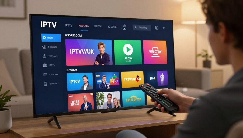 A sleek and modern IPTV user interface displayed on a high-resolution screen. In the foreground, the interface features vibrant, colorful icons representing various channels and streaming options, with a prominently showcased "IPTVVUK.COM" logo. In the middle, a user engages with the interface using a remote control, dressed in professional business attire, showcasing a typical home setting with a stylish living room décor. The background consists of soft, ambient lighting, giving a warm and inviting feel, blending smoothly with a subtle focus on the interface. The angle is slightly elevated to capture the user's interaction, emphasizing the intuitive layout of the IPTV interface. The overall mood conveys ease of use and modern technology integration. A sleek and modern IPTV user interface displayed on a high-resolution screen. In the foreground, the interface features vibrant, colorful icons representing various channels and streaming options, with a prominently showcased "IPTVVUK.COM" logo. In the middle, a user engages with the interface using a remote control, dressed in professional business attire, showcasing a typical home setting with a stylish living room décor. The background consists of soft, ambient lighting, giving a warm and inviting feel, blending smoothly with a subtle focus on the interface. The angle is slightly elevated to capture the user's interaction, emphasizing the intuitive layout of the IPTV interface. The overall mood conveys ease of use and modern technology integration.