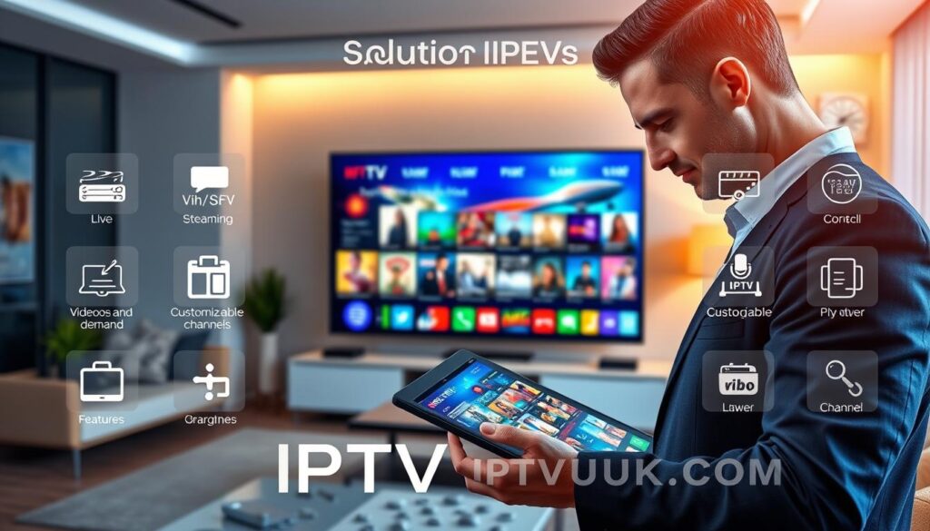 A sleek and modern digital interface showcasing the features of Solution IPTV, prominently displaying icons representing live streaming, video on demand, and customizable channel lists. In the foreground, a professional-looking individual dressed in business attire interacts with a high-resolution tablet, engaged in browsing various IPTV features. The middle ground features a large screen displaying vibrant, colorful graphics of popular shows and movies, emphasizing user-friendly navigation. The background includes a stylish, modern living room environment with soft ambient lighting that gives a warm yet tech-savvy feel. The atmosphere is inviting and energetic, suggesting a dynamic blend of entertainment and innovation. Incorporate the brand name "IPTVVUK.COM" within the design elements subtly to reinforce the IPTV brand identity. A sleek and modern digital interface showcasing the features of Solution IPTV, prominently displaying icons representing live streaming, video on demand, and customizable channel lists. In the foreground, a professional-looking individual dressed in business attire interacts with a high-resolution tablet, engaged in browsing various IPTV features. The middle ground features a large screen displaying vibrant, colorful graphics of popular shows and movies, emphasizing user-friendly navigation. The background includes a stylish, modern living room environment with soft ambient lighting that gives a warm yet tech-savvy feel. The atmosphere is inviting and energetic, suggesting a dynamic blend of entertainment and innovation. Incorporate the brand name "IPTVVUK.COM" within the design elements subtly to reinforce the IPTV brand identity.