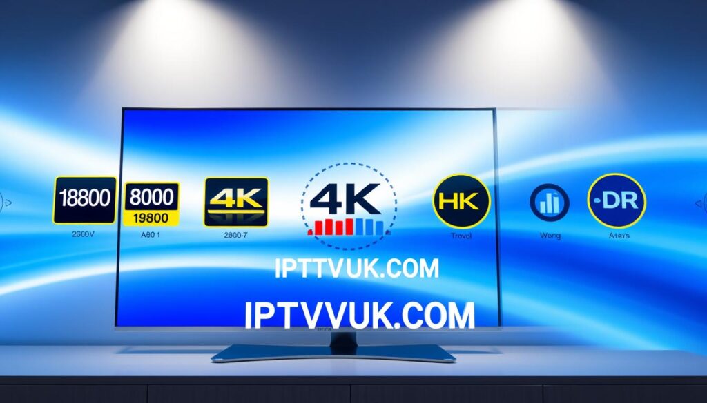 A sleek and modern digital interface showcasing various IPTV streaming quality options. In the foreground, display a vivid screen with icons representing different resolutions such as 1080p, 4K, and HDR, arranged in a visually appealing manner. Use a smooth gradient background of blue and white, evoking a technological feel. In the middle, incorporate stylized graphics that represent bandwidth indicators and streaming stability, such as bars or circles, to emphasize high-definition quality. The lighting should be bright but soft, giving a polished, professional look. The angle should be a slight tilt from above, inviting viewers to engage with the content. Include the brand name "IPTVVUK.COM" subtly integrated into the design, ensuring it blends seamlessly with the aesthetic and doesn't distract from the main focus. A sleek and modern digital interface showcasing various IPTV streaming quality options. In the foreground, display a vivid screen with icons representing different resolutions such as 1080p, 4K, and HDR, arranged in a visually appealing manner. Use a smooth gradient background of blue and white, evoking a technological feel. In the middle, incorporate stylized graphics that represent bandwidth indicators and streaming stability, such as bars or circles, to emphasize high-definition quality. The lighting should be bright but soft, giving a polished, professional look. The angle should be a slight tilt from above, inviting viewers to engage with the content. Include the brand name "IPTVVUK.COM" subtly integrated into the design, ensuring it blends seamlessly with the aesthetic and doesn't distract from the main focus.
