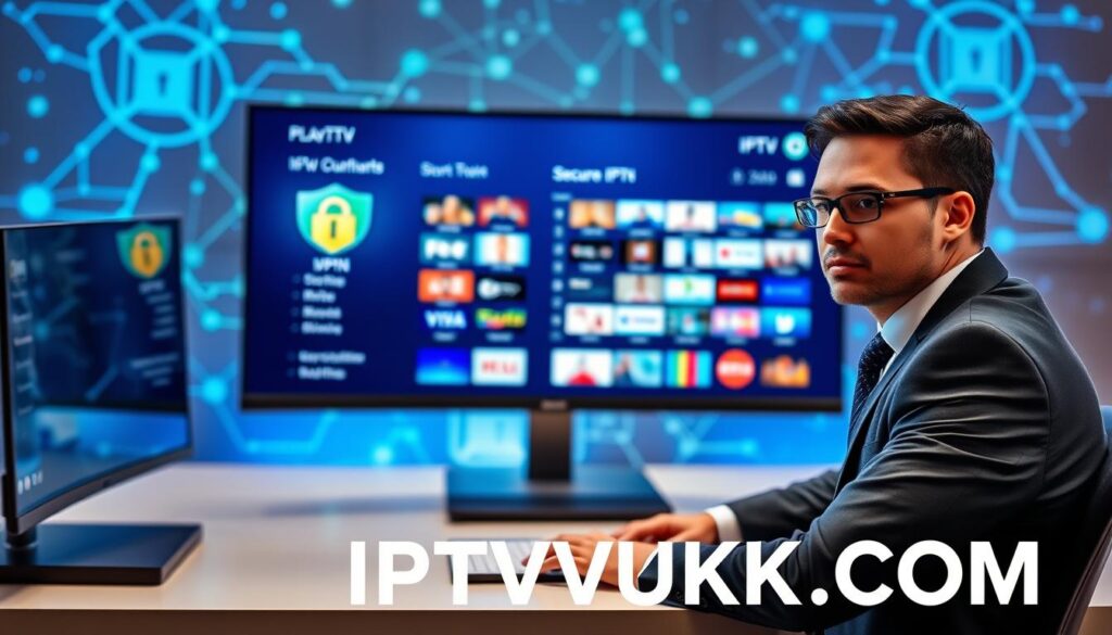 A sleek and modern digital workspace featuring a secure VPN interface on a computer screen, representing IPTV streaming. In the foreground, a professional-looking person in business attire is seated at a desk, with a confident expression, analyzing the benefits of using a VPN for IPTV. The middle ground showcases a visual of a vibrant IPTV playlist interface, with various channels displayed, glowing softly against a polished surface. In the background, there are abstract tech-inspired patterns symbolizing connectivity and security, softly illuminated with blue and green hues to evoke a trustworthy atmosphere. The overall mood is one of innovation and safety, emphasizing the importance of legal streaming practices. The brand name "IPTVVUK.COM" is subtly incorporated into the design. Bright but soft lighting enhances the clarity of details, shot from a slight angle for depth. A sleek and modern digital workspace featuring a secure VPN interface on a computer screen, representing IPTV streaming. In the foreground, a professional-looking person in business attire is seated at a desk, with a confident expression, analyzing the benefits of using a VPN for IPTV. The middle ground showcases a visual of a vibrant IPTV playlist interface, with various channels displayed, glowing softly against a polished surface. In the background, there are abstract tech-inspired patterns symbolizing connectivity and security, softly illuminated with blue and green hues to evoke a trustworthy atmosphere. The overall mood is one of innovation and safety, emphasizing the importance of legal streaming practices. The brand name "IPTVVUK.COM" is subtly incorporated into the design. Bright but soft lighting enhances the clarity of details, shot from a slight angle for depth.