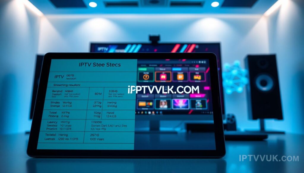 A sleek and modern digital workspace showcasing the technical requirements for optimal IPTV streaming. In the foreground, a high-resolution tablet displays detailed IPTV system specs, including bandwidth, resolution, and latency metrics. In the middle, a computer monitor features a graphical interface of streaming protocols with vibrant visuals of different streaming resolutions. The background includes abstract representations of internet connectivity, such as data streams and virtual cloud networks. The room is illuminated with soft blue lighting, creating a tech-savvy atmosphere, and the angle captures the scene from slightly above to emphasize the digital tools. Include the brand "IPTVVUK.COM" subtly in the digital content. Ensure the image conveys professionalism and innovation in IPTV technology. A sleek and modern digital workspace showcasing the technical requirements for optimal IPTV streaming. In the foreground, a high-resolution tablet displays detailed IPTV system specs, including bandwidth, resolution, and latency metrics. In the middle, a computer monitor features a graphical interface of streaming protocols with vibrant visuals of different streaming resolutions. The background includes abstract representations of internet connectivity, such as data streams and virtual cloud networks. The room is illuminated with soft blue lighting, creating a tech-savvy atmosphere, and the angle captures the scene from slightly above to emphasize the digital tools. Include the brand "IPTVVUK.COM" subtly in the digital content. Ensure the image conveys professionalism and innovation in IPTV technology.
