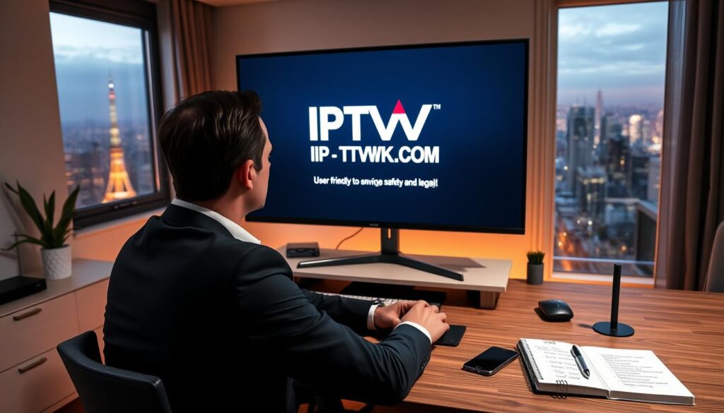 A sleek and modern home office setting, featuring a large monitor displaying the IPTVVUK.COM logo prominently. In the foreground, a professional individual dressed in business attire sits at a desk, focused on navigating a user-friendly IPTV interface that emphasizes safety and legality. The middle ground shows a well-organized workspace with subtle hints of technology, including a VPN router, a smartphone, and a notepad with notes on legal considerations. The background is softly illuminated with warm lighting, creating a cozy atmosphere, while a window reveals a view of a bustling cityscape, symbolizing connectivity and access to global IPTV channels. The mood is informative and reassuring, with a clean and professional aesthetic, avoiding any clutter. A sleek and modern home office setting, featuring a large monitor displaying the IPTVVUK.COM logo prominently. In the foreground, a professional individual dressed in business attire sits at a desk, focused on navigating a user-friendly IPTV interface that emphasizes safety and legality. The middle ground shows a well-organized workspace with subtle hints of technology, including a VPN router, a smartphone, and a notepad with notes on legal considerations. The background is softly illuminated with warm lighting, creating a cozy atmosphere, while a window reveals a view of a bustling cityscape, symbolizing connectivity and access to global IPTV channels. The mood is informative and reassuring, with a clean and professional aesthetic, avoiding any clutter.