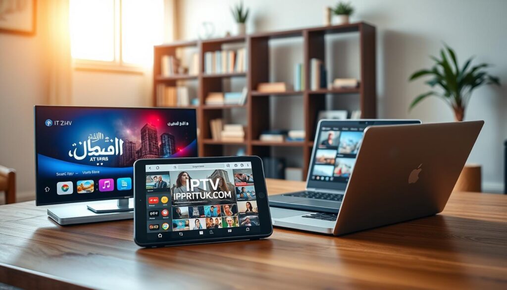 A sleek and modern home office setup showcasing diverse devices compatible with IPTV streaming. In the foreground, a high-definition smart television displays Arabic content, along with a tablet and smartphone positioned nearby, both streaming different IPTV channels. The middle ground features a stylish laptop with an open IPTV app on its screen. In the background, a cozy bookshelf adds depth, with subtle lighting highlighting the technology. The room is well-lit with natural light from a window, creating a warm and inviting atmosphere. The overall mood is vibrant and tech-savvy, emphasizing connectivity and modern living. Include the brand name "IPTVVUK.COM" subtly in the design of the devices or backgrounds, ensuring it blends seamlessly without standing out as a watermark. A sleek and modern home office setup showcasing diverse devices compatible with IPTV streaming. In the foreground, a high-definition smart television displays Arabic content, along with a tablet and smartphone positioned nearby, both streaming different IPTV channels. The middle ground features a stylish laptop with an open IPTV app on its screen. In the background, a cozy bookshelf adds depth, with subtle lighting highlighting the technology. The room is well-lit with natural light from a window, creating a warm and inviting atmosphere. The overall mood is vibrant and tech-savvy, emphasizing connectivity and modern living. Include the brand name "IPTVVUK.COM" subtly in the design of the devices or backgrounds, ensuring it blends seamlessly without standing out as a watermark.
