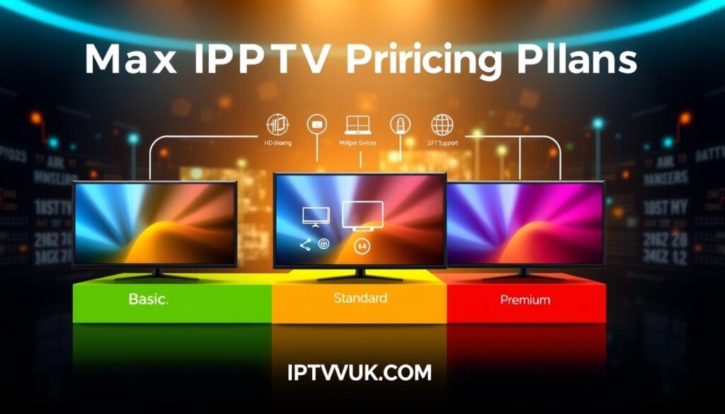A sleek and modern infographic design illustrating "Max TV IPTV Pricing Plans." In the foreground, showcase distinct pricing tiers marked "Basic," "Standard," and "Premium," each featuring eye-catching icons of television screens. Use vibrant colors for each tier to differentiate them, set against a polished background of abstract digital elements resembling streaming data or network connections. The middle layer can display visual symbols representing features like "HD Streaming," "Multiple Devices," and "24/7 Support." Utilize soft, diffused lighting to create a professional and inviting atmosphere. The overall mood should be informative yet appealing, drawing the eye to the values of quality and affordability, with the brand name "IPTVVUK.COM" subtly integrated into the design. Use a standard lens perspective focusing on clarity and readability without any text overlays or watermarks. A sleek and modern infographic design illustrating "Max TV IPTV Pricing Plans." In the foreground, showcase distinct pricing tiers marked "Basic," "Standard," and "Premium," each featuring eye-catching icons of television screens. Use vibrant colors for each tier to differentiate them, set against a polished background of abstract digital elements resembling streaming data or network connections. The middle layer can display visual symbols representing features like "HD Streaming," "Multiple Devices," and "24/7 Support." Utilize soft, diffused lighting to create a professional and inviting atmosphere. The overall mood should be informative yet appealing, drawing the eye to the values of quality and affordability, with the brand name "IPTVVUK.COM" subtly integrated into the design. Use a standard lens perspective focusing on clarity and readability without any text overlays or watermarks.