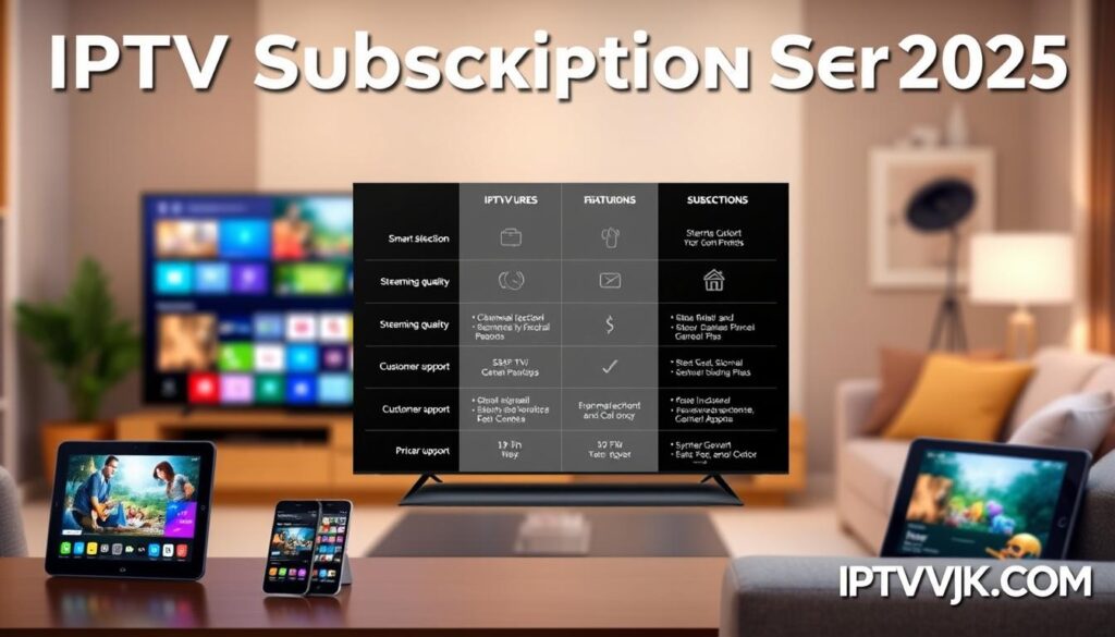 A sleek and modern infographic showcasing a comparison of IPTV subscription service features in a visually engaging manner. In the foreground, a variety of streaming devices, such as smart TVs, smartphones, and tablets, displaying dynamic, colorful user interfaces of IPTV services. The middle section features a side-by-side comparison chart highlighting features like channel selection, streaming quality, pricing, and customer support, with icons representing each aspect. The background consists of a blurred living room environment, softly lit to create a cozy atmosphere, evoking a sense of comfort and modern technology. The overall mood is informative and professional, suitable for an article focused on IPTV services in 2025. The brand "IPTVVUK.COM" is subtly integrated into the design, ensuring it aligns with the visual theme without overwhelming the viewer. A sleek and modern infographic showcasing a comparison of IPTV subscription service features in a visually engaging manner. In the foreground, a variety of streaming devices, such as smart TVs, smartphones, and tablets, displaying dynamic, colorful user interfaces of IPTV services. The middle section features a side-by-side comparison chart highlighting features like channel selection, streaming quality, pricing, and customer support, with icons representing each aspect. The background consists of a blurred living room environment, softly lit to create a cozy atmosphere, evoking a sense of comfort and modern technology. The overall mood is informative and professional, suitable for an article focused on IPTV services in 2025. The brand "IPTVVUK.COM" is subtly integrated into the design, ensuring it aligns with the visual theme without overwhelming the viewer.