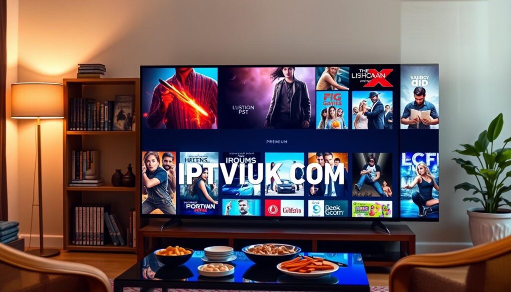 A sleek and modern streaming interface displayed on a high-resolution television screen in a cozy living room setting. In the foreground, vibrant images of popular movies and shows are visible, showcasing diverse genres like action, drama, and documentaries, creating an inviting allure for viewers. The middle ground features a stylish coffee table with snacks and beverages, hinting at a comfortable viewing experience. In the background, soft ambient lighting enhances the warm atmosphere, with a bookshelf filled with DVDs and a decorative plant to add a touch of homeliness. A digital graphic displaying the brand name "IPTVVUK.COM" subtly appears on the screen, emphasizing premium content offerings. The mood is relaxed and enticing, perfect for family gatherings or solo streaming sessions. A sleek and modern streaming interface displayed on a high-resolution television screen in a cozy living room setting. In the foreground, vibrant images of popular movies and shows are visible, showcasing diverse genres like action, drama, and documentaries, creating an inviting allure for viewers. The middle ground features a stylish coffee table with snacks and beverages, hinting at a comfortable viewing experience. In the background, soft ambient lighting enhances the warm atmosphere, with a bookshelf filled with DVDs and a decorative plant to add a touch of homeliness. A digital graphic displaying the brand name "IPTVVUK.COM" subtly appears on the screen, emphasizing premium content offerings. The mood is relaxed and enticing, perfect for family gatherings or solo streaming sessions.