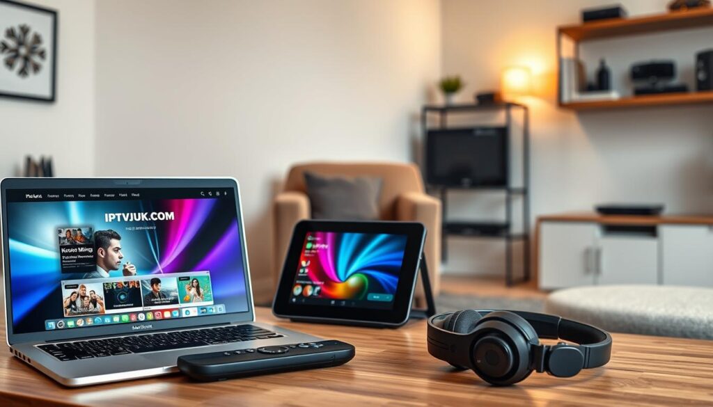 A sleek and modern workspace showcasing a variety of IPTV service features. In the foreground, a professional-looking laptop displays the IPTVVUK.COM website, highlighting user-friendly navigation and appealing graphics. Next to it, a stylish tablet streaming high-definition content, radiating vibrant colors. In the middle ground, a cozy armchair invites the viewer to imagine comfortable viewing experiences, while a coffee table holds modern remote controls and a pair of high-quality headphones, suggesting premium audio-visual immersion. The background features a well-lit room with soft, ambient lighting, emphasizing a relaxed atmosphere, perfect for entertainment. A subtle shelf displays various streaming gadgets. The overall mood is tech-savvy and welcoming, inviting readers to consider the reliability and quality of IPTV services. A sleek and modern workspace showcasing a variety of IPTV service features. In the foreground, a professional-looking laptop displays the IPTVVUK.COM website, highlighting user-friendly navigation and appealing graphics. Next to it, a stylish tablet streaming high-definition content, radiating vibrant colors. In the middle ground, a cozy armchair invites the viewer to imagine comfortable viewing experiences, while a coffee table holds modern remote controls and a pair of high-quality headphones, suggesting premium audio-visual immersion. The background features a well-lit room with soft, ambient lighting, emphasizing a relaxed atmosphere, perfect for entertainment. A subtle shelf displays various streaming gadgets. The overall mood is tech-savvy and welcoming, inviting readers to consider the reliability and quality of IPTV services.