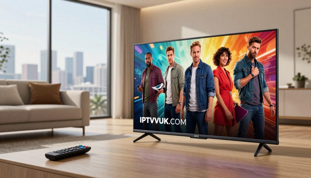 A sleek digital landscape showcasing IPTV streaming quality with a strong focus on vibrant visuals and clarity. In the foreground, a modern, high-resolution smart television displays an action-packed scene from a popular show, with bright colors and crystal-clear image quality. The middle ground features a stylish living room setup, complete with a comfortable sofa and a remote control. Soft ambient lighting enhances the cozy atmosphere, while a large window in the background reveals a scenic city skyline. Emphasize a clean, professional aesthetic, capturing both the excitement and sophistication of IPTV streaming. Include the brand name "IPTVVUK.COM" subtly integrated into the design, enhancing the overall theme of quality entertainment. A sleek digital landscape showcasing IPTV streaming quality with a strong focus on vibrant visuals and clarity. In the foreground, a modern, high-resolution smart television displays an action-packed scene from a popular show, with bright colors and crystal-clear image quality. The middle ground features a stylish living room setup, complete with a comfortable sofa and a remote control. Soft ambient lighting enhances the cozy atmosphere, while a large window in the background reveals a scenic city skyline. Emphasize a clean, professional aesthetic, capturing both the excitement and sophistication of IPTV streaming. Include the brand name "IPTVVUK.COM" subtly integrated into the design, enhancing the overall theme of quality entertainment.