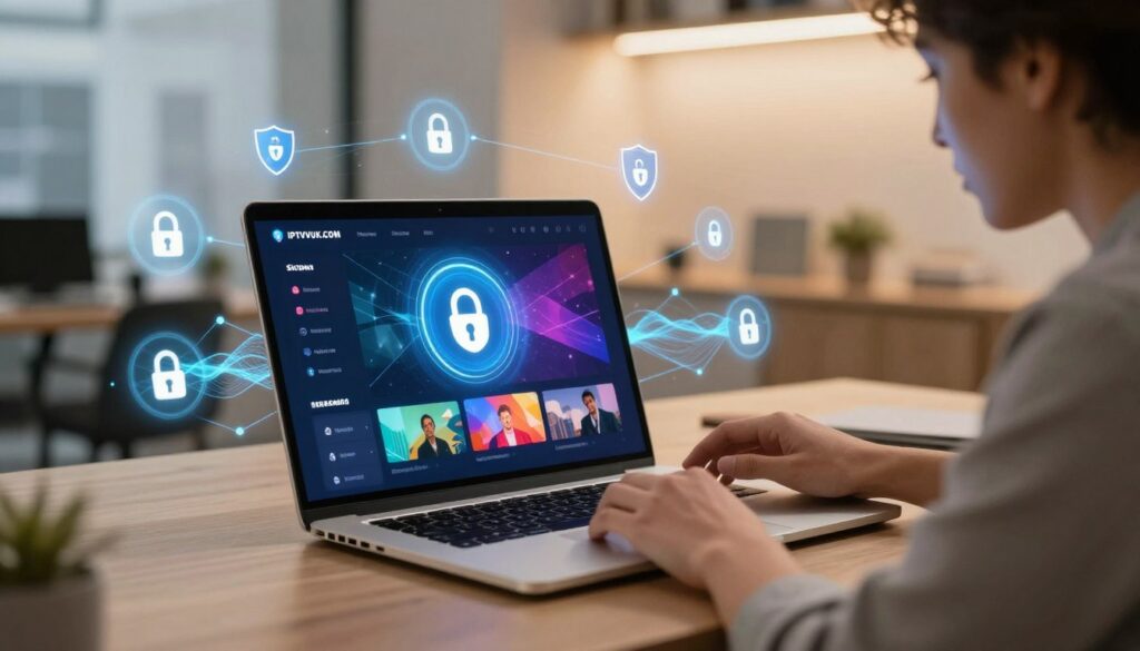 A sleek digital workspace featuring a high-tech laptop displaying a vibrant IPTV interface on its screen, surrounded by floating icons representing VPN security, such as locks and shields. In the foreground, a professional individual in smart casual attire is thoughtfully analyzing the screen, with a focused expression. The middle ground includes a dynamic representation of streaming connections, illustrated by luminous lines and digital waves symbolizing data flow. The background is a softly blurred office with warm lighting, evoking a secure and productive atmosphere. Subtle hints of an urban skyline are visible through a window, symbolizing connectivity. The brand name "IPTVVUK.COM" is subtly integrated into the scene, emphasizing the theme of secure streaming while maintaining a professional and contemporary aesthetic. A sleek digital workspace featuring a high-tech laptop displaying a vibrant IPTV interface on its screen, surrounded by floating icons representing VPN security, such as locks and shields. In the foreground, a professional individual in smart casual attire is thoughtfully analyzing the screen, with a focused expression. The middle ground includes a dynamic representation of streaming connections, illustrated by luminous lines and digital waves symbolizing data flow. The background is a softly blurred office with warm lighting, evoking a secure and productive atmosphere. Subtle hints of an urban skyline are visible through a window, symbolizing connectivity. The brand name "IPTVVUK.COM" is subtly integrated into the scene, emphasizing the theme of secure streaming while maintaining a professional and contemporary aesthetic.