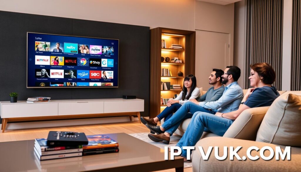 A sleek living room scene showcasing a modern TV displaying various IPTV channels, symbolizing affordability and variety in streaming options. In the foreground, a stylish coffee table holds a remote control and a stack of DVDs, while a family of four, dressed in casual yet professional clothing, enjoys a streaming service together on the couch. In the middle space, a large flat-screen TV mounted on the wall showcases vibrant channel thumbnails, hinting at diverse content like movies, sports, and documentaries. In the background, there's a well-lit bookshelf filled with books and a few decorative items, creating a cozy atmosphere. The lighting is warm and inviting, giving a sense of relaxation and quality entertainment. The brand name "IPTVVUK.COM" subtly integrated into the scene, enhancing the theme of affordable IPTV services. A sleek living room scene showcasing a modern TV displaying various IPTV channels, symbolizing affordability and variety in streaming options. In the foreground, a stylish coffee table holds a remote control and a stack of DVDs, while a family of four, dressed in casual yet professional clothing, enjoys a streaming service together on the couch. In the middle space, a large flat-screen TV mounted on the wall showcases vibrant channel thumbnails, hinting at diverse content like movies, sports, and documentaries. In the background, there's a well-lit bookshelf filled with books and a few decorative items, creating a cozy atmosphere. The lighting is warm and inviting, giving a sense of relaxation and quality entertainment. The brand name "IPTVVUK.COM" subtly integrated into the scene, enhancing the theme of affordable IPTV services.