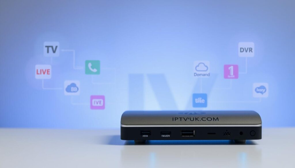 A sleek, modern IPTV device prominently displayed in the foreground, showcasing various ports and a glowing power indicator. Surrounding the device are colorful icons representing different IPTV services, highlighting features like live TV, on-demand content, and cloud DVR. In the middle ground, a subtle gradient background transitions from light gray to soft blue, suggesting a tech-savvy environment. Soft, ambient lighting creates a professional atmosphere, emphasizing the gadget's innovative design. The lens captures a close-up shot from a slightly elevated angle, giving depth to the description. The mood is informative and engaging, inviting viewers to compare IPTV options, with the brand name "IPTVVUK.COM" subtly integrated into the scene as a stylish logo on the device's surface. A sleek, modern IPTV device prominently displayed in the foreground, showcasing various ports and a glowing power indicator. Surrounding the device are colorful icons representing different IPTV services, highlighting features like live TV, on-demand content, and cloud DVR. In the middle ground, a subtle gradient background transitions from light gray to soft blue, suggesting a tech-savvy environment. Soft, ambient lighting creates a professional atmosphere, emphasizing the gadget's innovative design. The lens captures a close-up shot from a slightly elevated angle, giving depth to the description. The mood is informative and engaging, inviting viewers to compare IPTV options, with the brand name "IPTVVUK.COM" subtly integrated into the scene as a stylish logo on the device's surface.