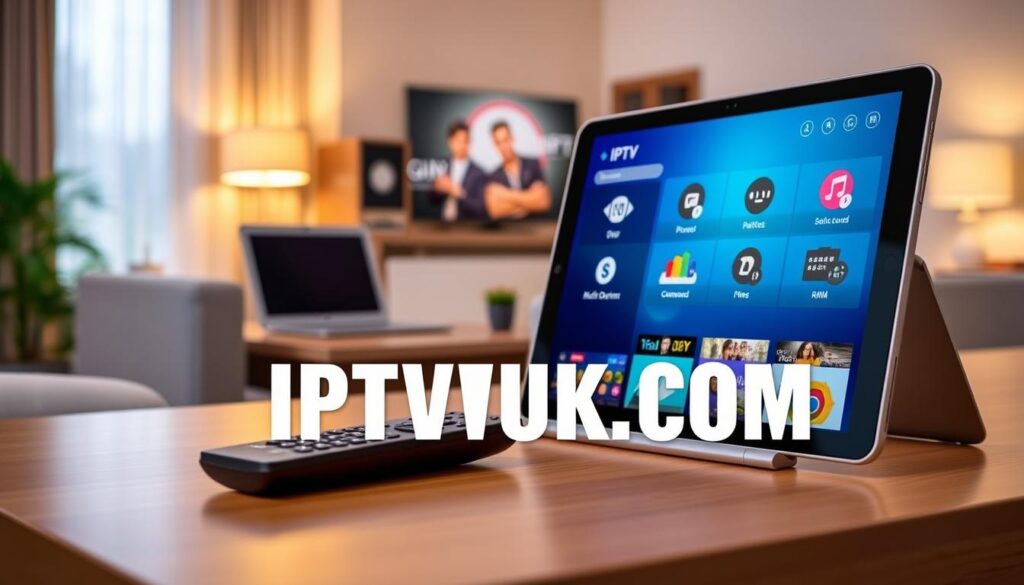 A sleek, modern IPTV guide design showcasing essential features of IPTV services. In the foreground, a stylish tablet with a vibrant IPTV interface displaying channel options and features like "DVR," "Multi-Device Support," and "On-Demand Content." The middle layer includes an elegant desk setup with a high-quality remote control and a laptop, both reflecting the digital nature of IPTV. The background features a cozy living room with a softly lit ambiance, emphasizing a comfortable viewing experience. Lighting is warm and inviting, creating a relaxed atmosphere. The perspective is slightly angled to highlight the tablet's display. The brand name "IPTVVUK.COM" is subtly integrated into the design as part of the user interface, enhancing authenticity without overpowering the overall composition. A sleek, modern IPTV guide design showcasing essential features of IPTV services. In the foreground, a stylish tablet with a vibrant IPTV interface displaying channel options and features like "DVR," "Multi-Device Support," and "On-Demand Content." The middle layer includes an elegant desk setup with a high-quality remote control and a laptop, both reflecting the digital nature of IPTV. The background features a cozy living room with a softly lit ambiance, emphasizing a comfortable viewing experience. Lighting is warm and inviting, creating a relaxed atmosphere. The perspective is slightly angled to highlight the tablet's display. The brand name "IPTVVUK.COM" is subtly integrated into the design as part of the user interface, enhancing authenticity without overpowering the overall composition.