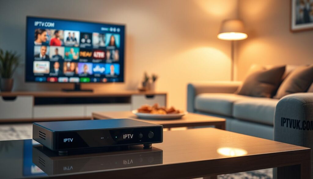A sleek, modern IPTV player setup displayed prominently in the foreground, showcasing a smart television with a vibrant screen showing diverse streaming content options. The middle ground features a stylish coffee table with a remote control, neatly arranged snacks, and a cozy living room setting, with a plush sofa in the background. Soft, warm lighting creates an inviting atmosphere, with a slight bokeh effect on the background elements, enhancing the focus on the IPTV player. The scene is composed with a slightly elevated angle to emphasize the screen and player interface. The brand name "IPTVVUK.COM" is subtly integrated into the design of the player. The overall mood is relaxed and contemporary, ideal for discussing technology in home entertainment. A sleek, modern IPTV player setup displayed prominently in the foreground, showcasing a smart television with a vibrant screen showing diverse streaming content options. The middle ground features a stylish coffee table with a remote control, neatly arranged snacks, and a cozy living room setting, with a plush sofa in the background. Soft, warm lighting creates an inviting atmosphere, with a slight bokeh effect on the background elements, enhancing the focus on the IPTV player. The scene is composed with a slightly elevated angle to emphasize the screen and player interface. The brand name "IPTVVUK.COM" is subtly integrated into the design of the player. The overall mood is relaxed and contemporary, ideal for discussing technology in home entertainment.